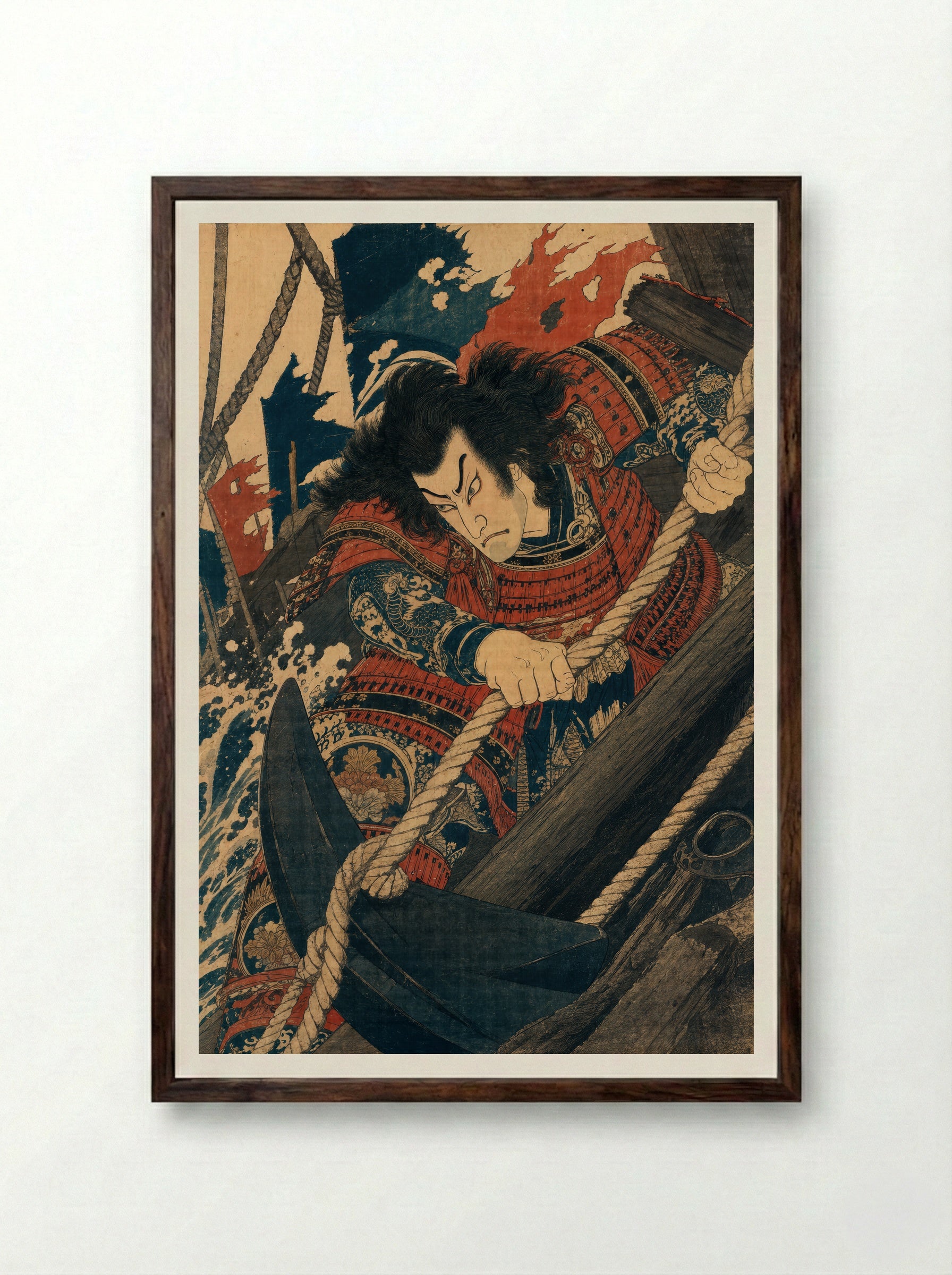 Taira no Tomomori at Dan-no-ura: Binding the Anchor - Framed Print Dark Wood