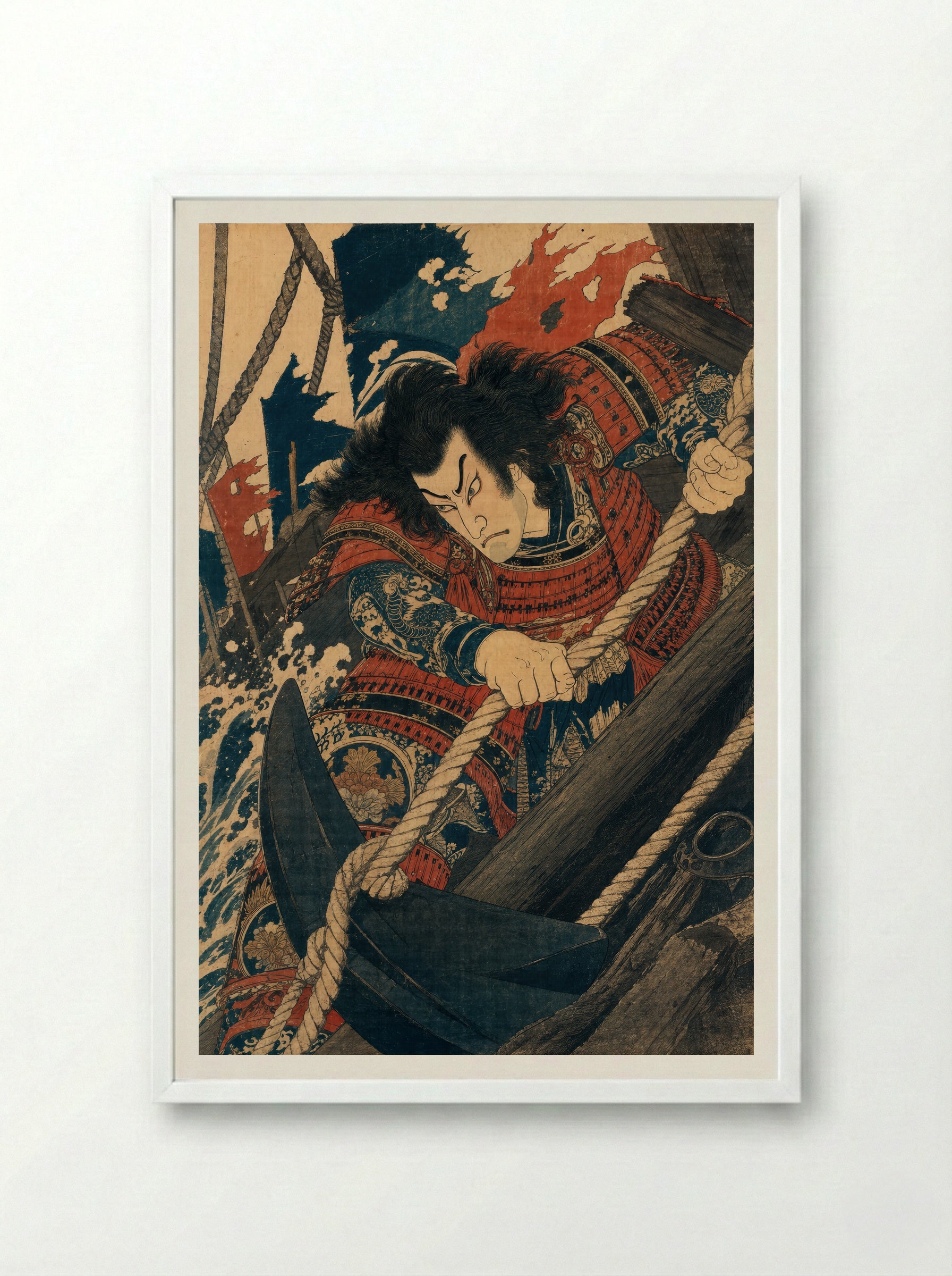 Taira no Tomomori at Dan-no-ura: Binding the Anchor - Framed Print White