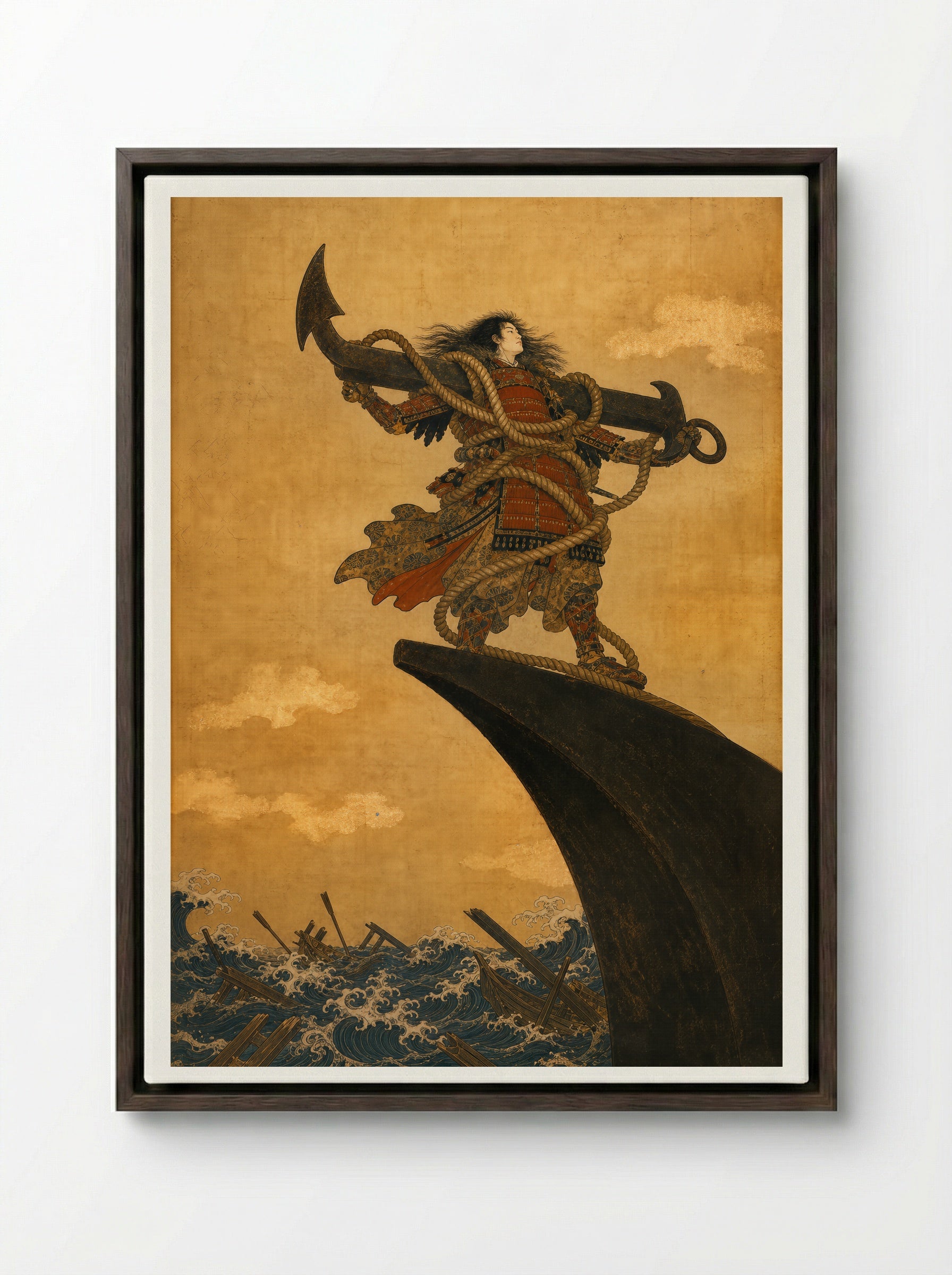 Taira no Tomomori at Dan-no-ura: Ikari Tomomori - Framed Canvas Dark Wood