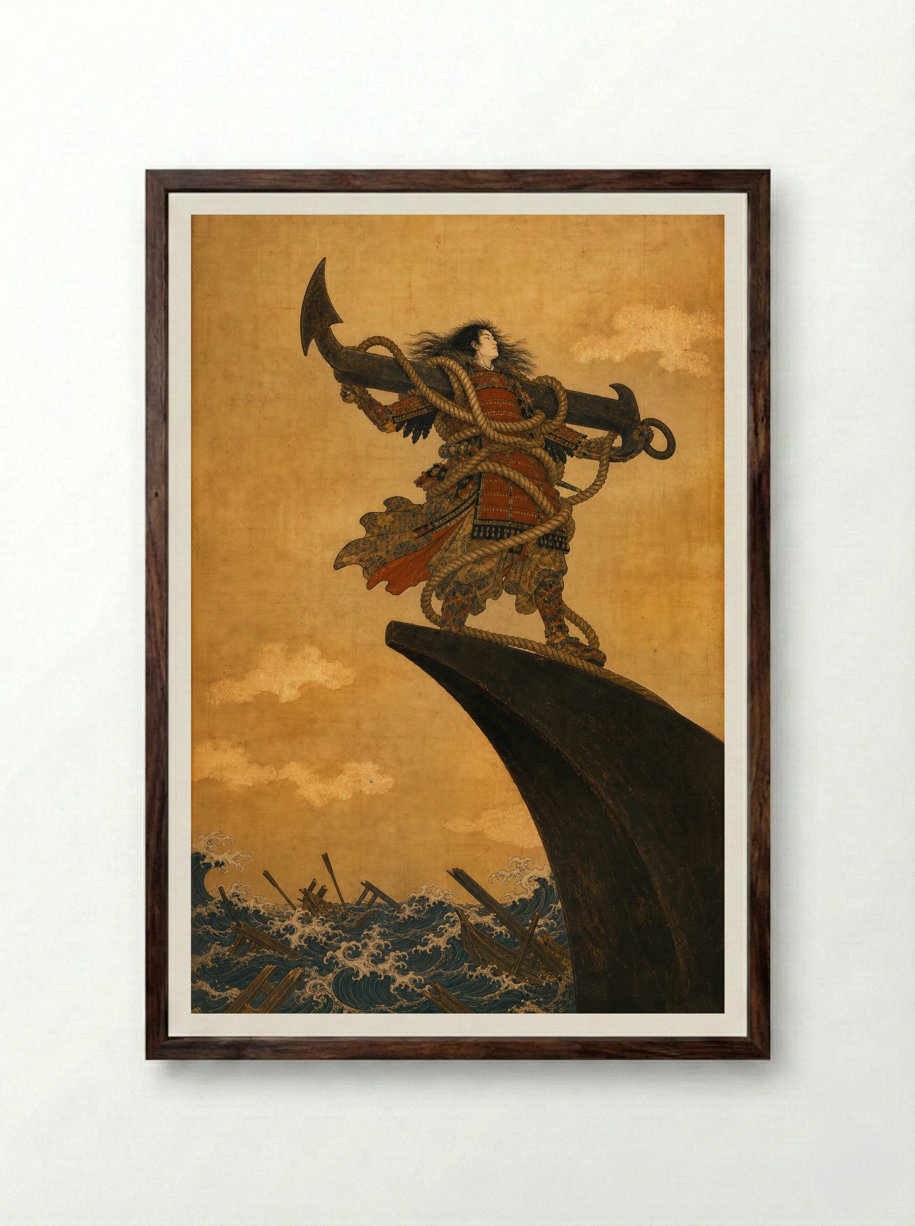 Taira no Tomomori at Dan-no-ura: Ikari Tomomori - Framed Print Dark Wood