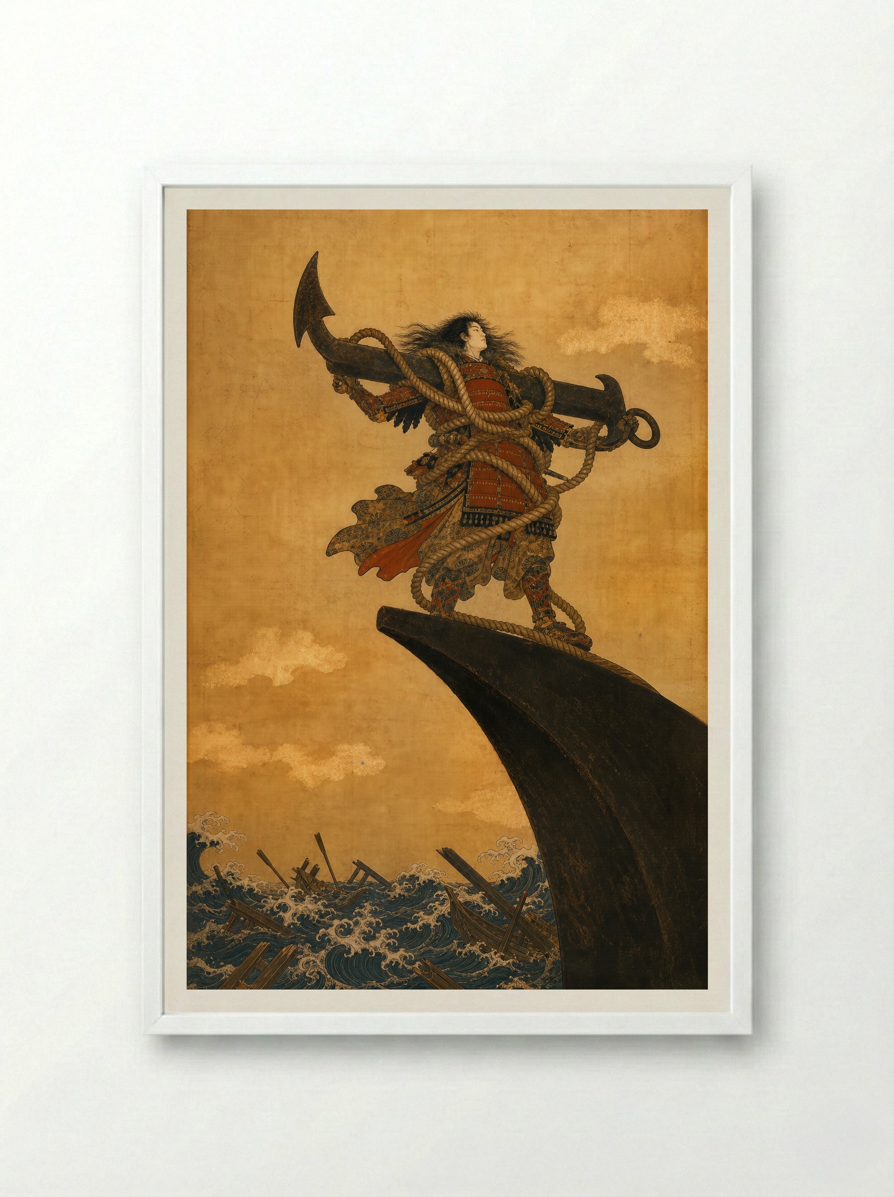 Taira no Tomomori at Dan-no-ura: Ikari Tomomori - Framed Print White