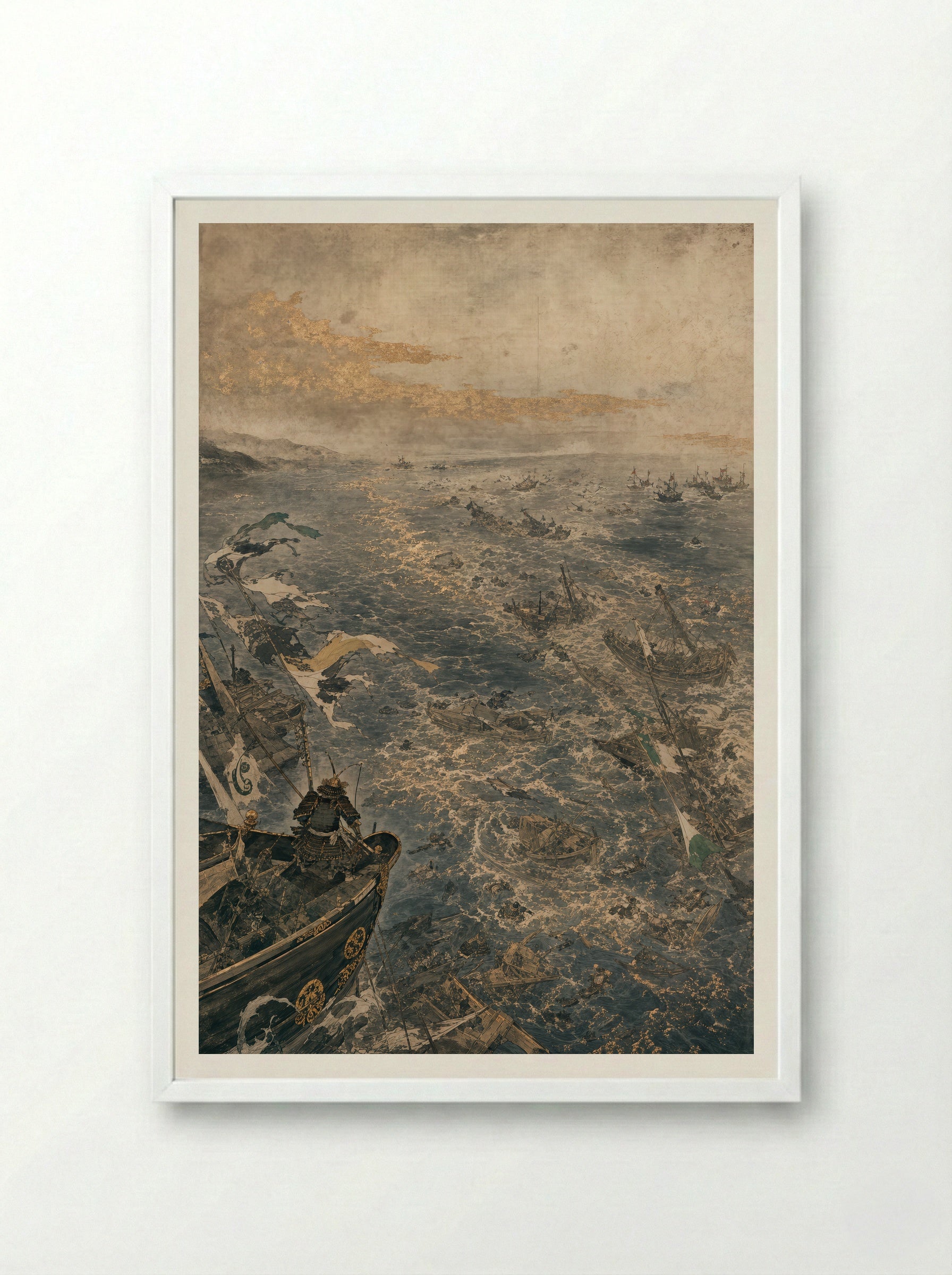 Taira no Tomomori at Dan-no-ura: The Fleet Breaks - Framed Print White