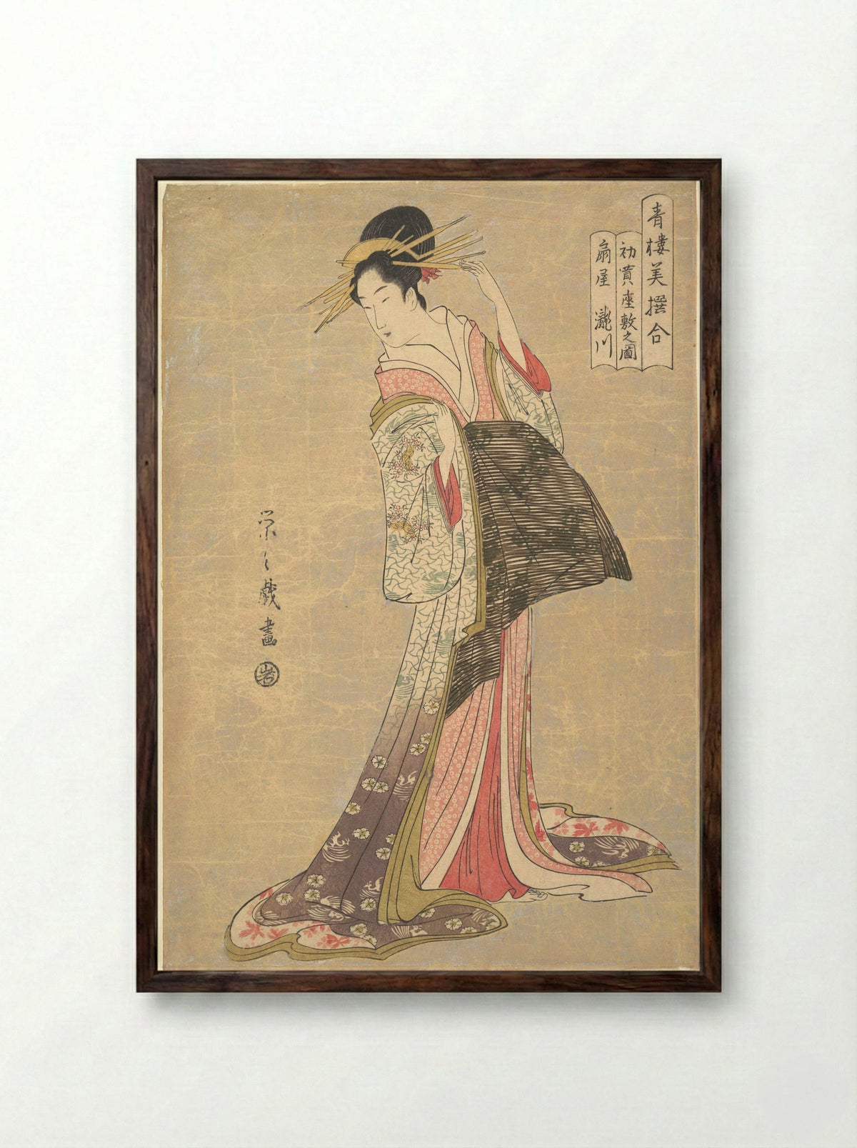 Takigawa of the Ōgiya Brothel: The First Reception Room Appointment of the New Year - Chōbunsai Eishi - Framed Print Dark Wood