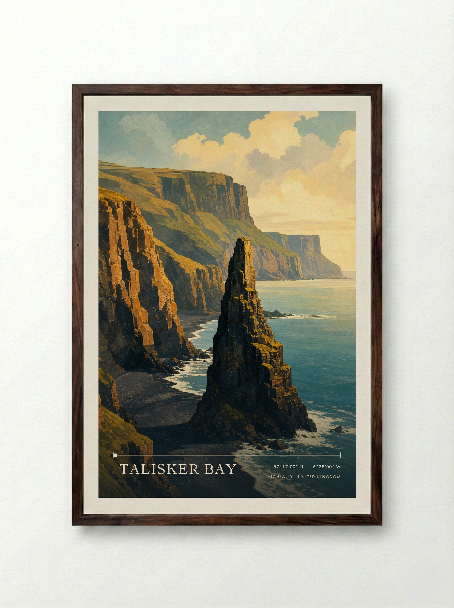 Talisker Bay Highland United Kingdom Travel Poster - Framed Print Dark Wood
