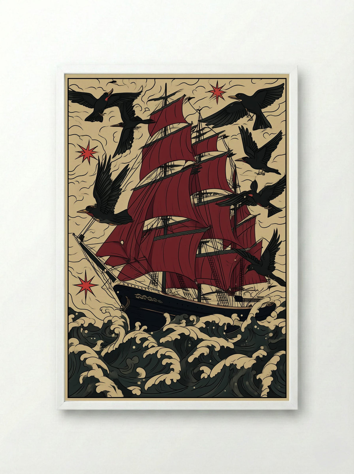 Tall Ship in Stormy Seas - Nautical Tattoo Inspired Print - Framed Print White