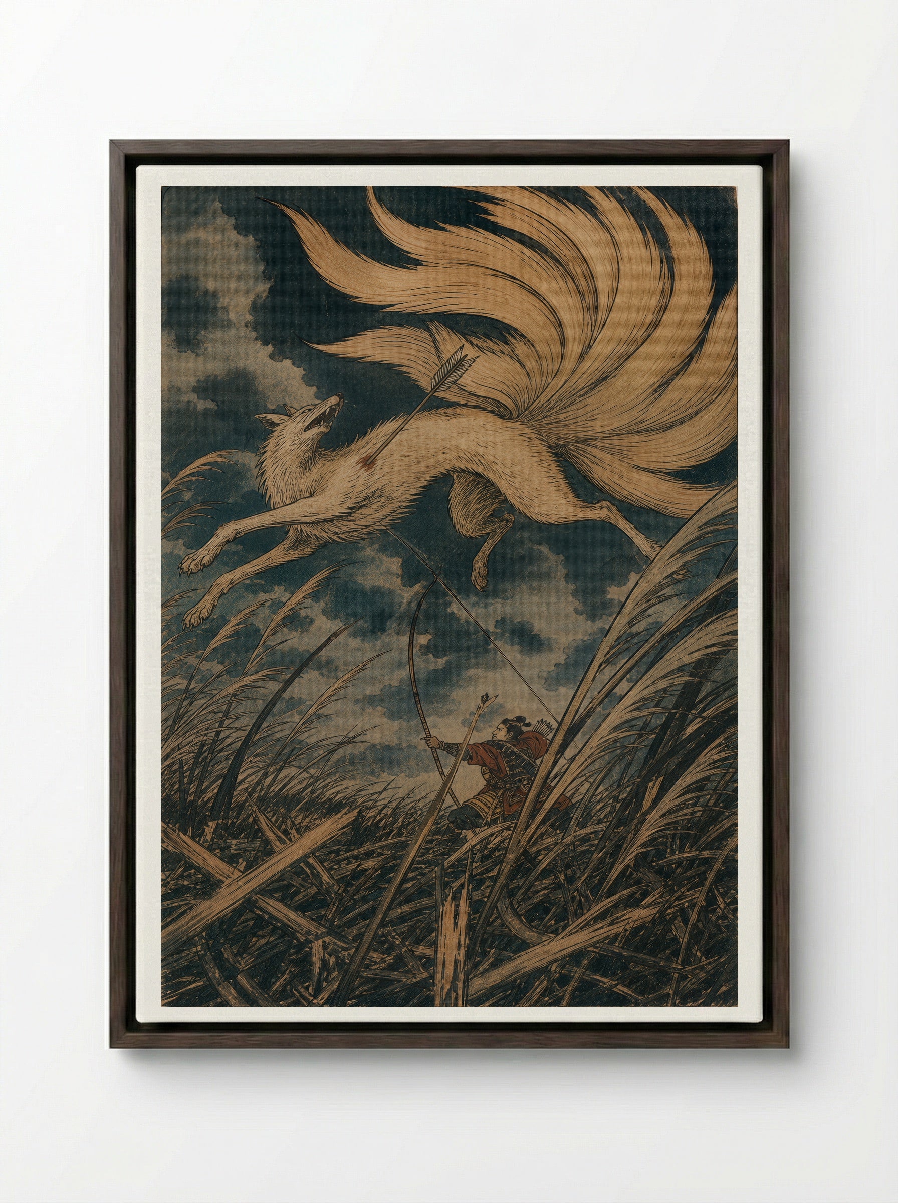 Tamamo-no-Mae and the Killing Stone: The Archer's Shot - Framed Canvas Dark Wood