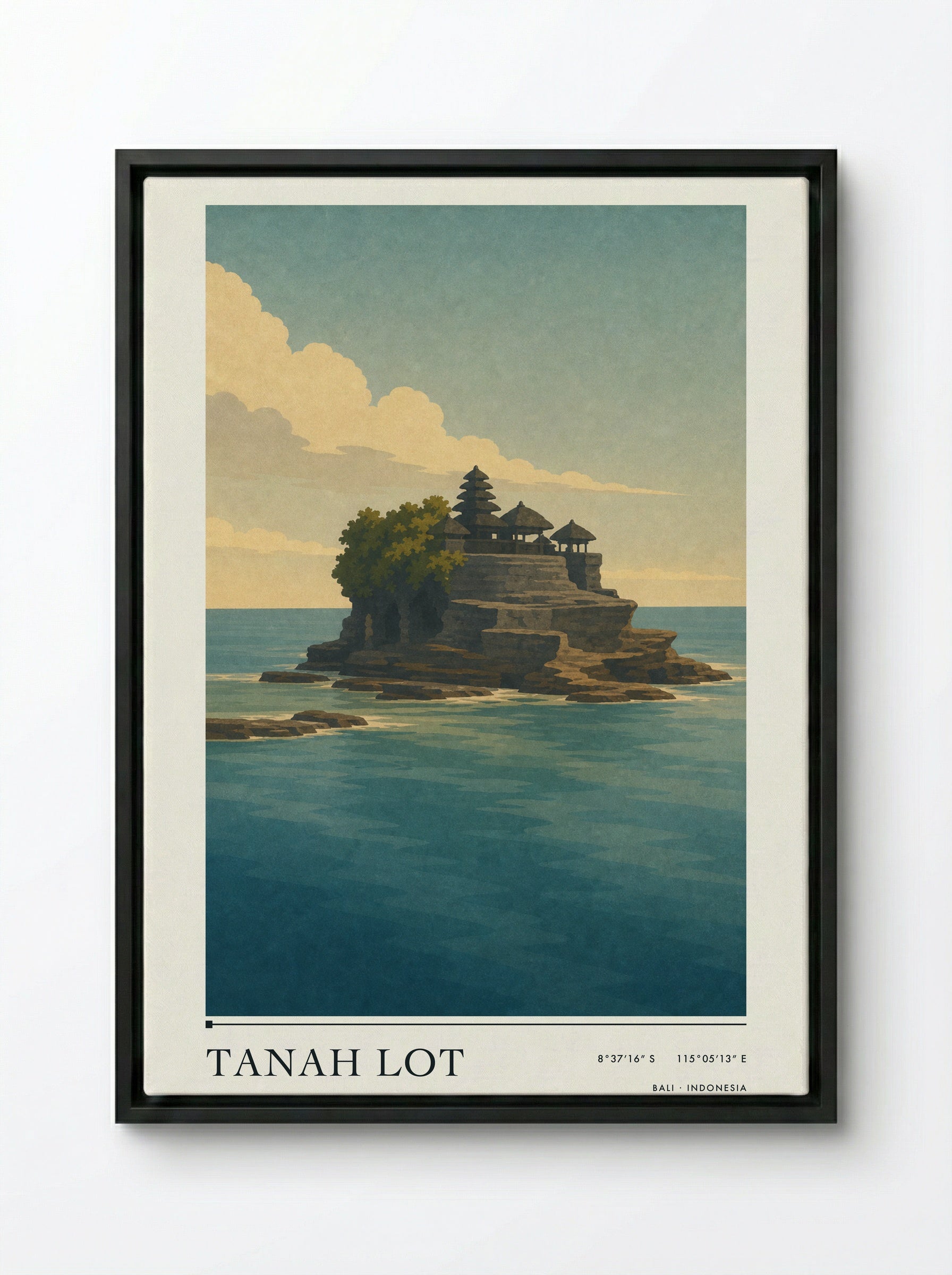 Tanah Lot Travel Poster Artwork - Framed Canvas Black