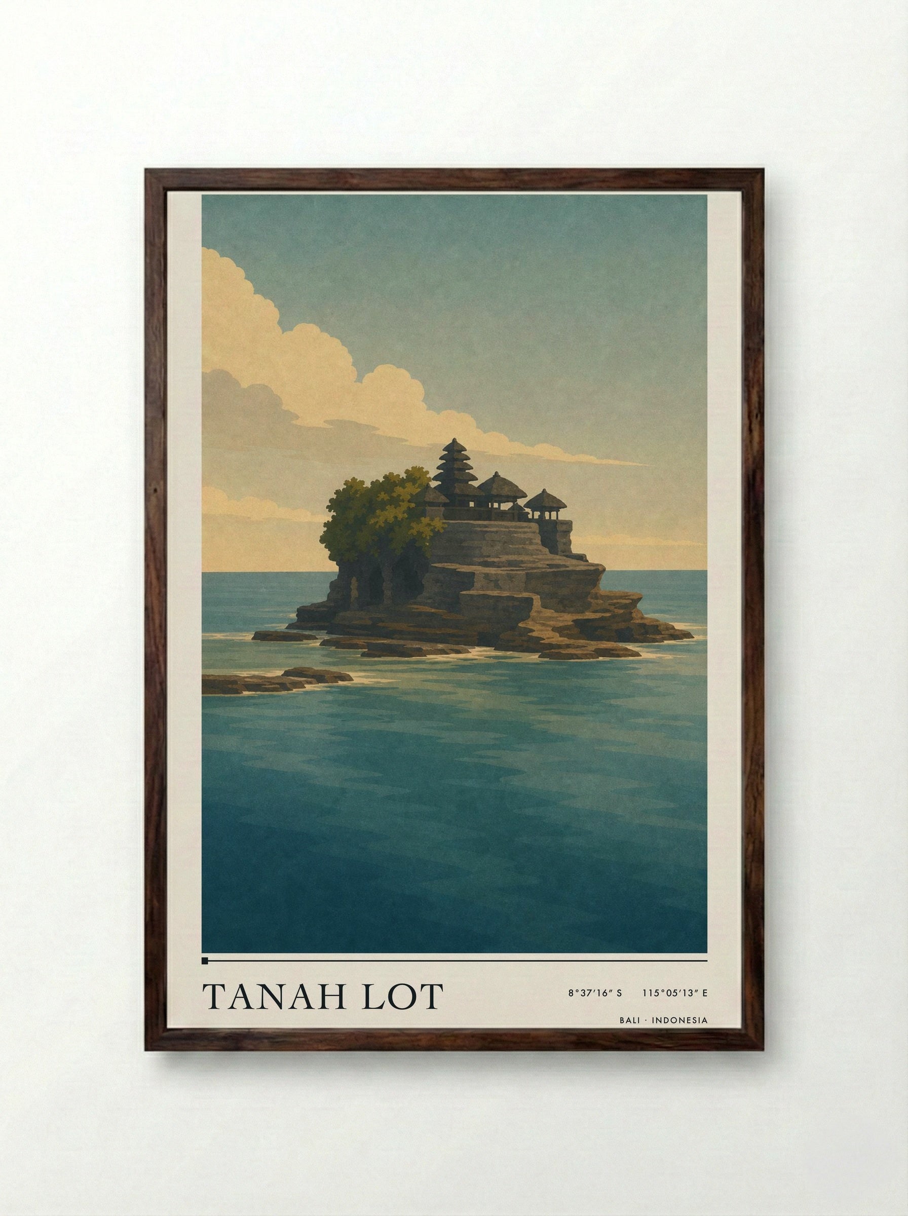 Tanah Lot Travel Poster Artwork - Framed Print Dark Wood