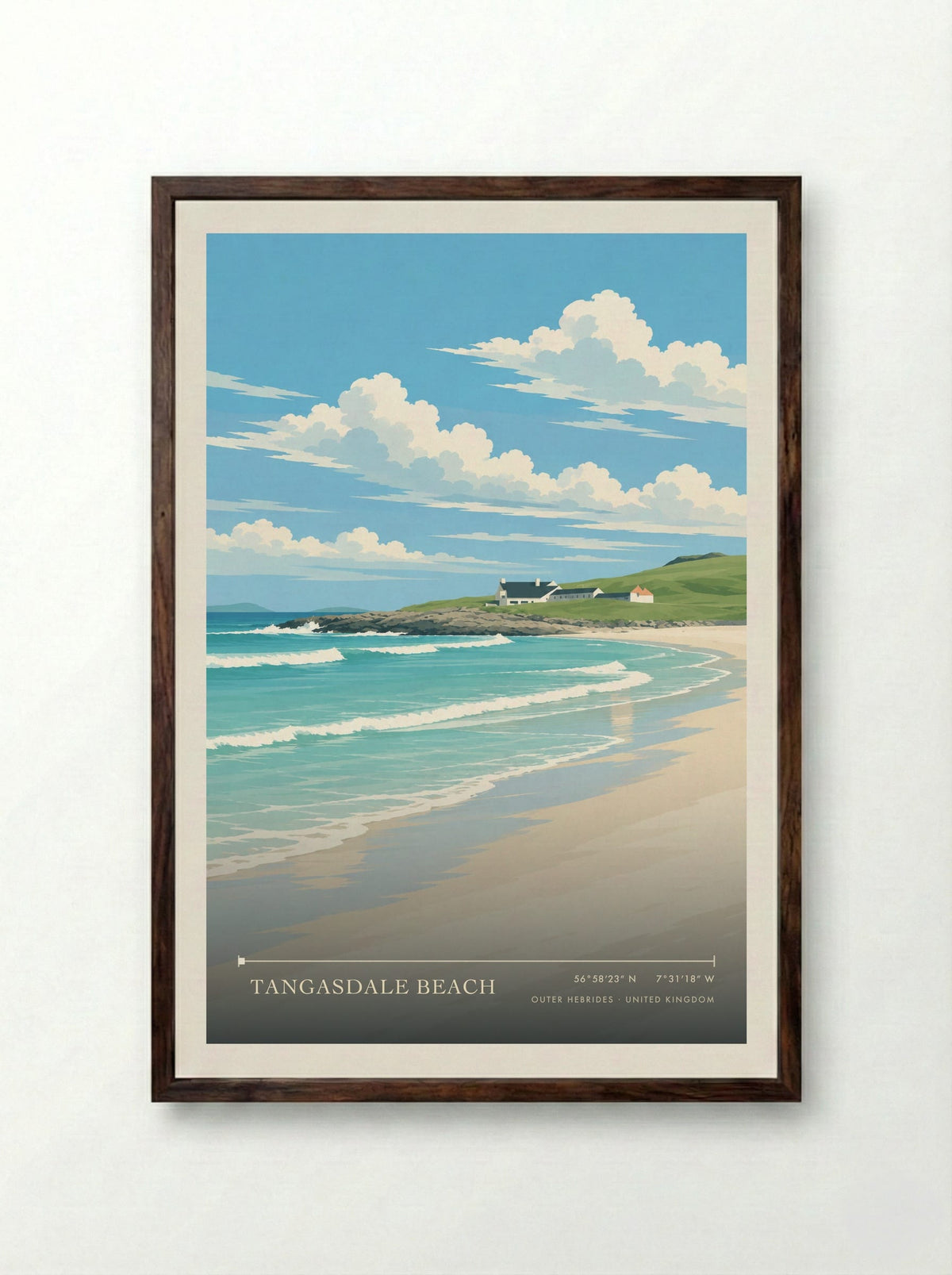 Tangasdale Beach, Outer Hebrides | Travel Poster - Framed Print Dark Wood