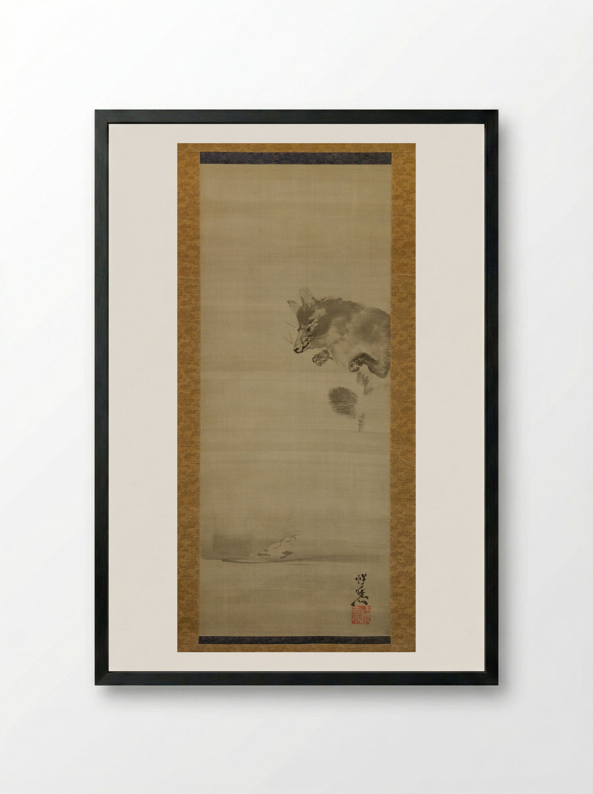 Tanuki (Raccoon Dog) Viewing Its Reflection in Water - Kawanabe Kyōsai - Framed Print Black