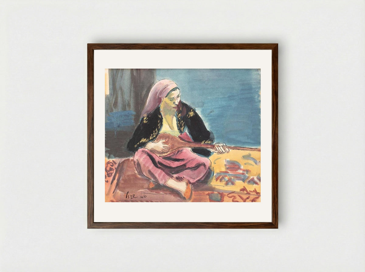 Tatar Woman With Mandoline - Iosif Iser - Framed Print Dark Wood