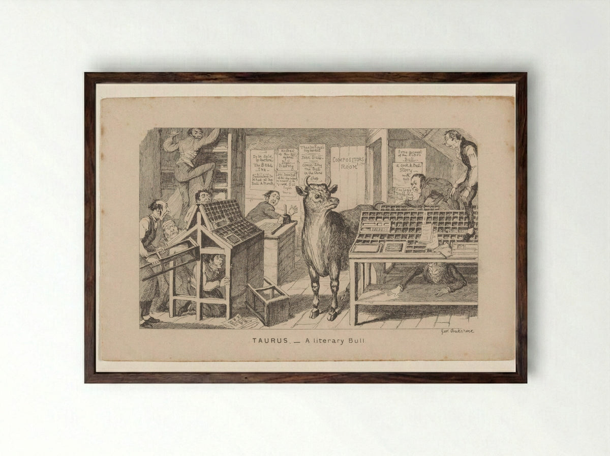 Taurus - A Literary Bull - George Cruikshank - Framed Print Dark Wood