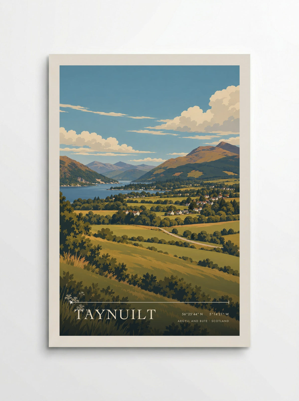 Taynuilt, Argyll and Bute travel poster: white village houses, golden green fields and Loch Etive stretching between wooded hills beneath bright cream 