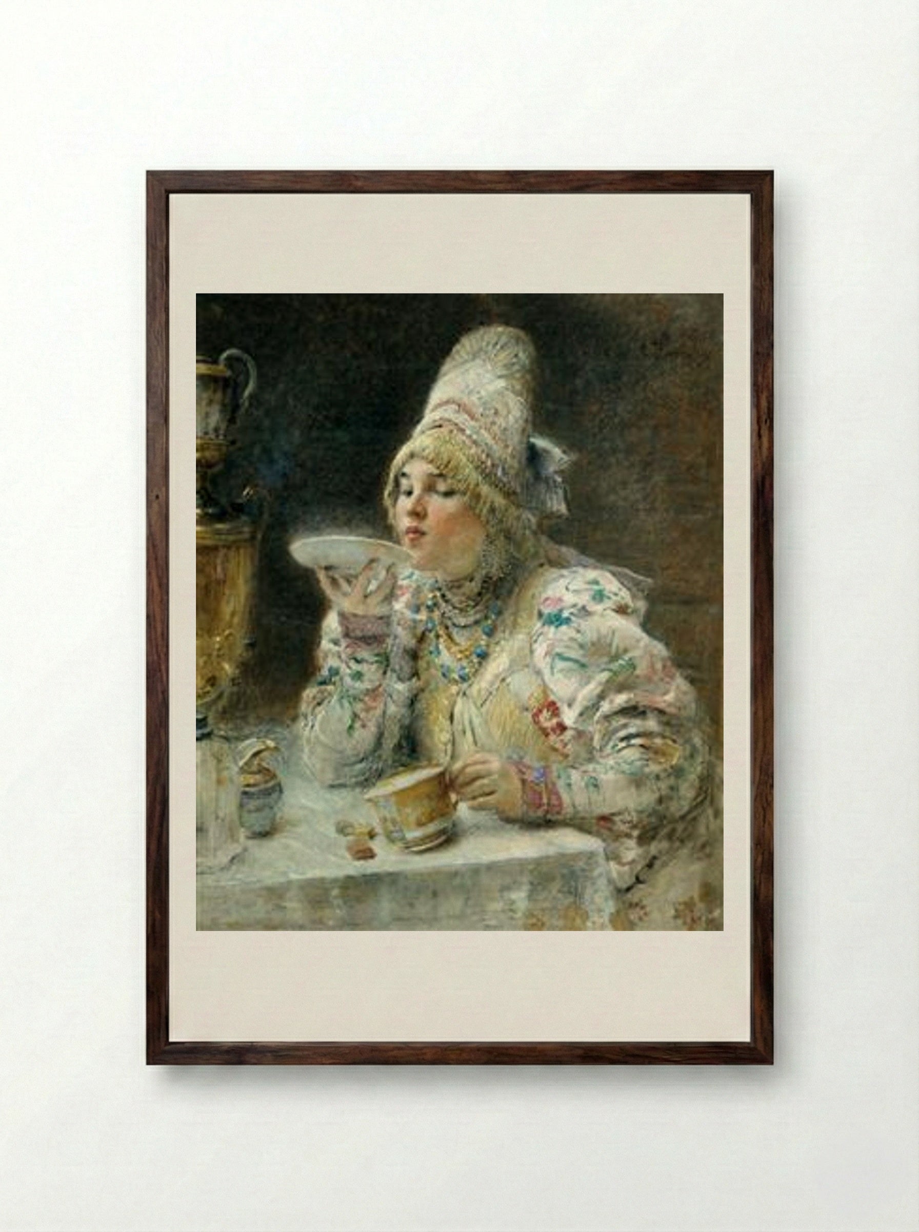 Tea Drinking - Konstantin Makovsky - Framed Print Dark Wood
