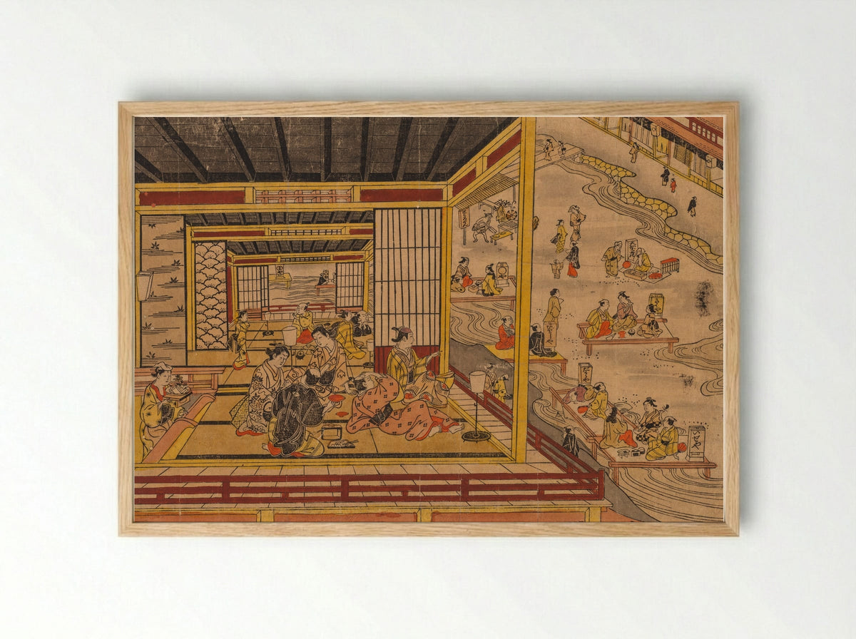 Tea House Beside the Kamo River in Kyoto - Nishimura Shigenaga - Framed Print Wood