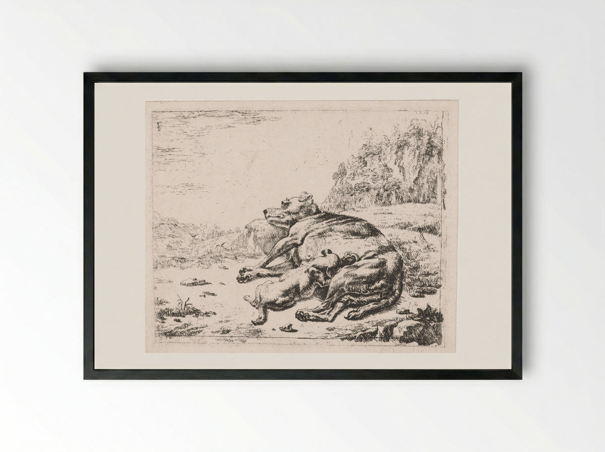 Teef voedt haar jong (Bitch Nursing Her Puppy) - Johan le Ducq - Framed Print Black