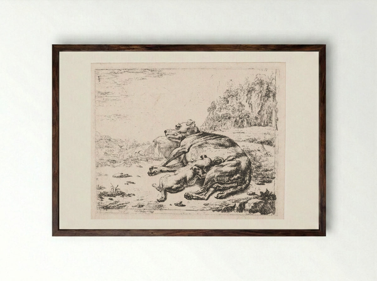 Teef voedt haar jong (Bitch Nursing Her Puppy) - Johan le Ducq - Framed Print Dark Wood