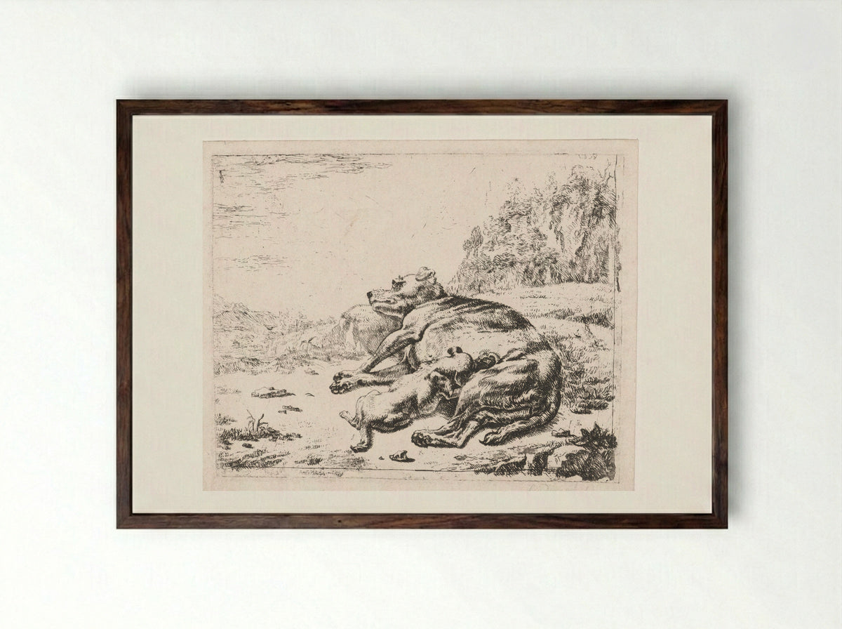 Teef voedt haar jong (Bitch Nursing Her Puppy) - Johan le Ducq - Framed Print Dark Wood