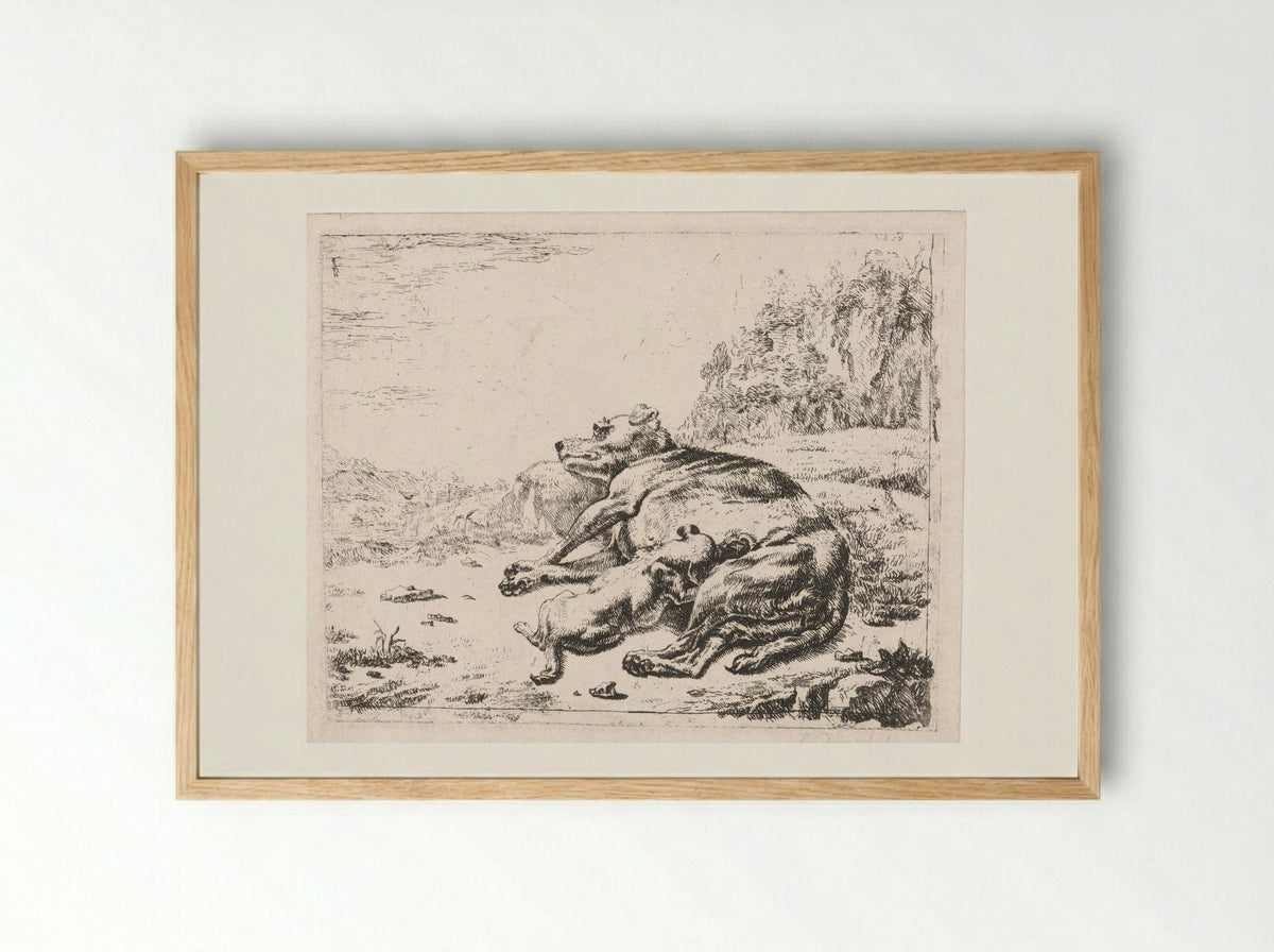 Teef voedt haar jong (Bitch Nursing Her Puppy) - Johan le Ducq - Framed Print Wood
