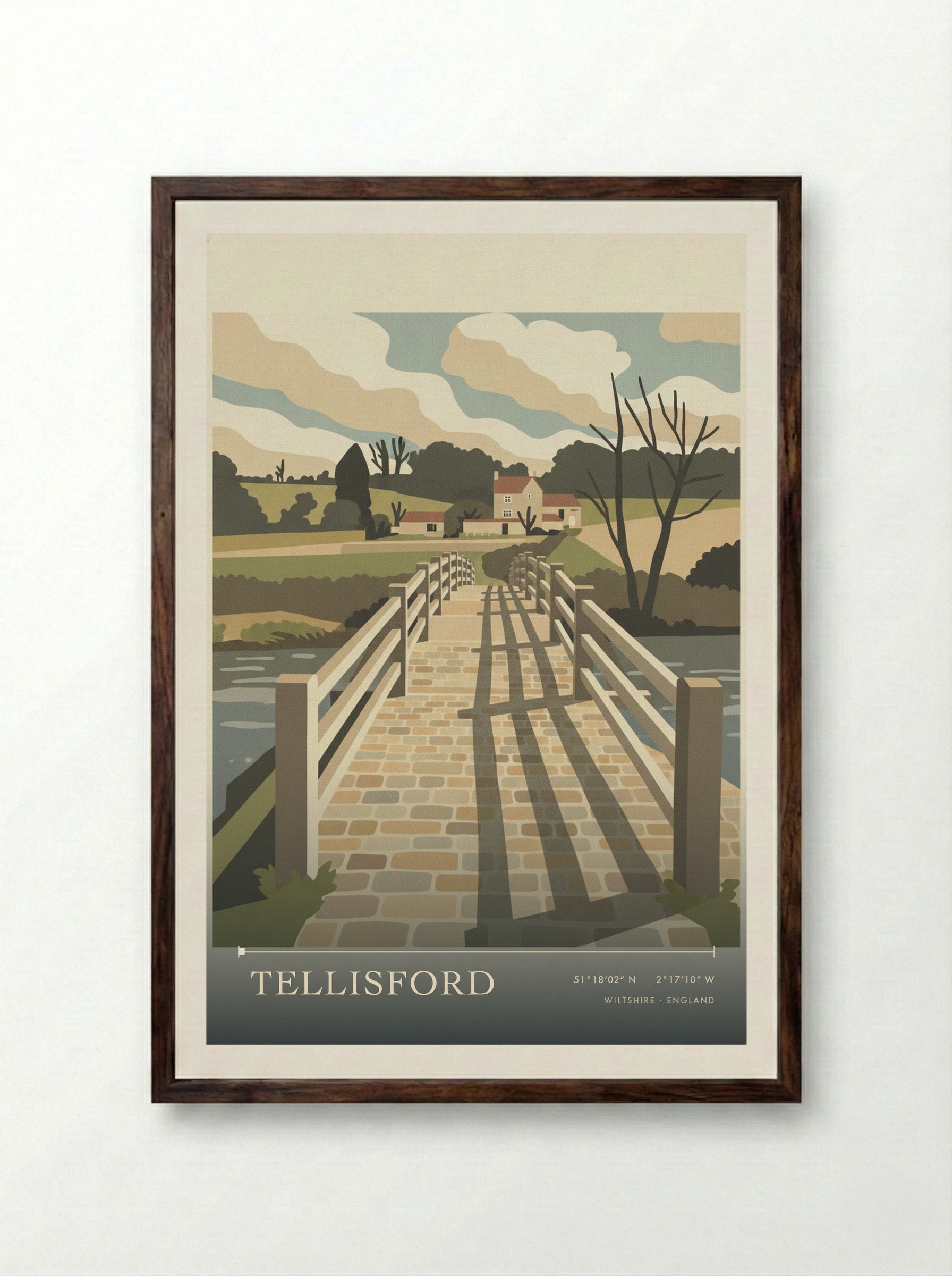 Tellisford Wiltshire England Travel Poster - Framed Print Dark Wood