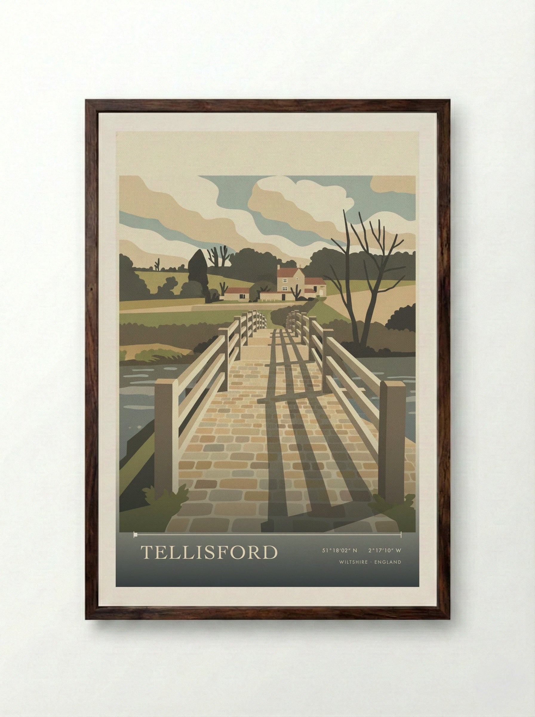Tellisford Wiltshire England Travel Poster - Framed Print Dark Wood