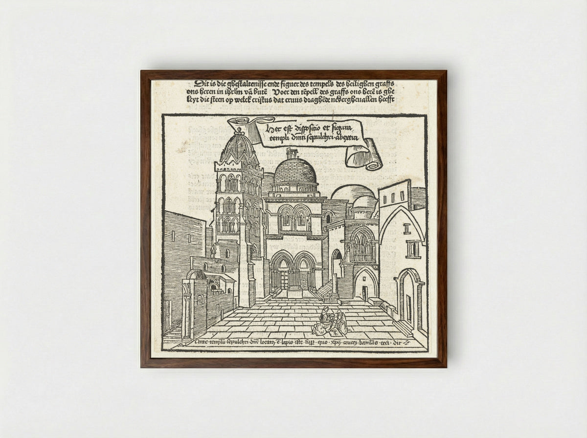 Tempel met graf van Christus in Jerusalem - Erhard Reuwich - Framed Print Dark Wood