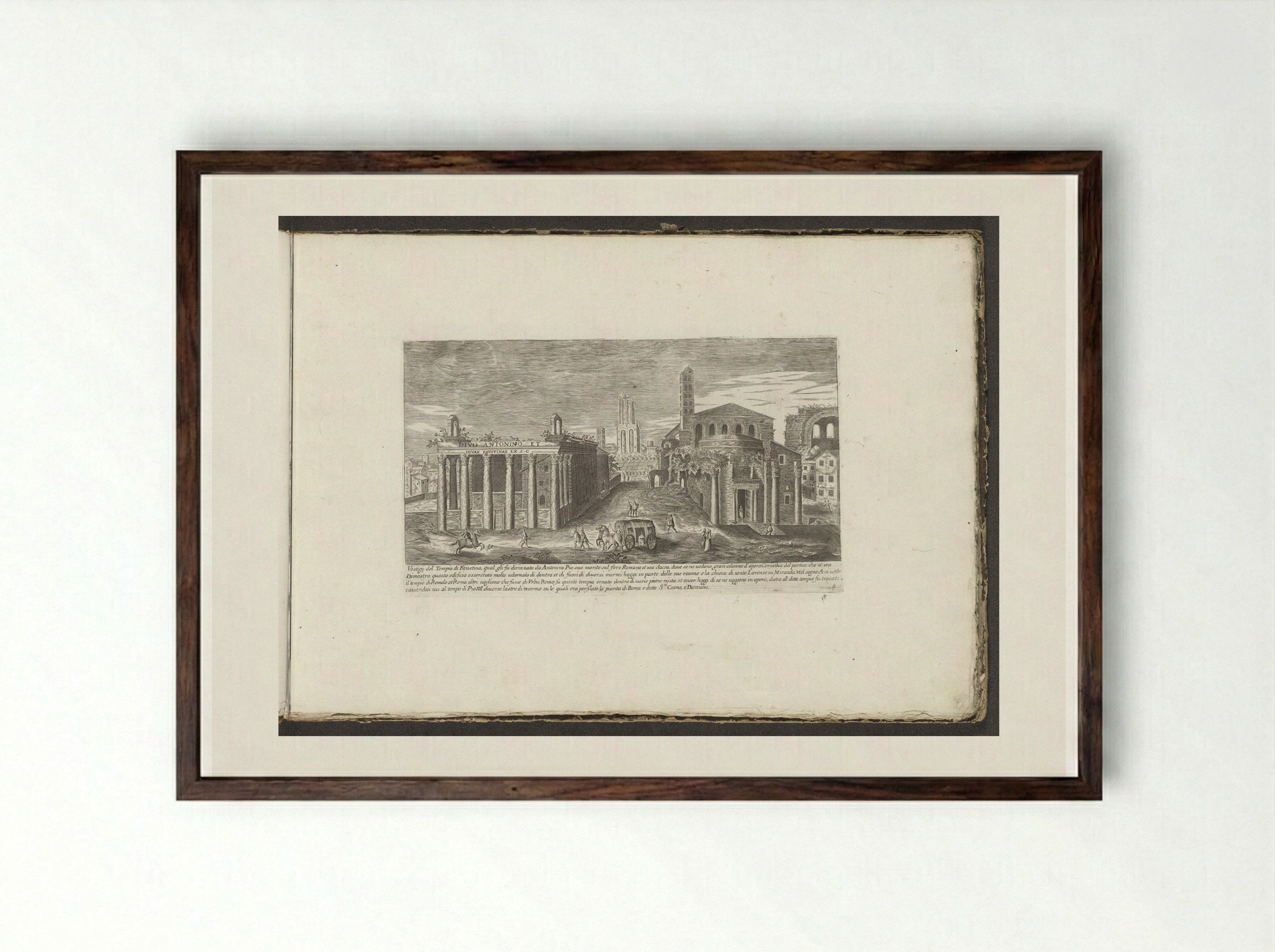 Tempel van Antoninus Pius en Faustina en de Tempel van Romulus - Giovanni Giacomo de' Rossi - Framed Print Dark Wood
