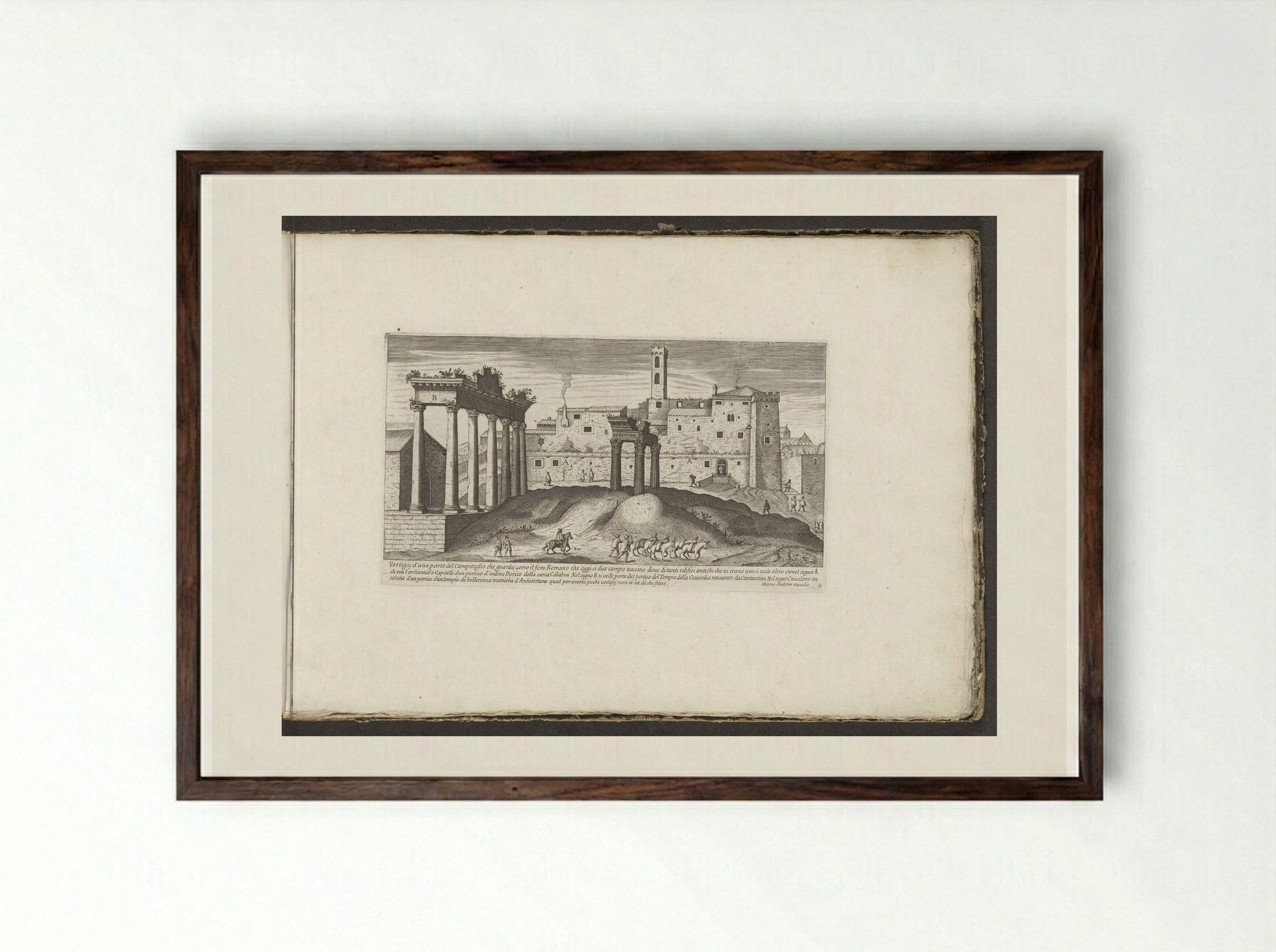Tempel van Saturnus en de Tempel van Vespasianus - Giovanni Giacomo de' Rossi - Framed Print Dark Wood
