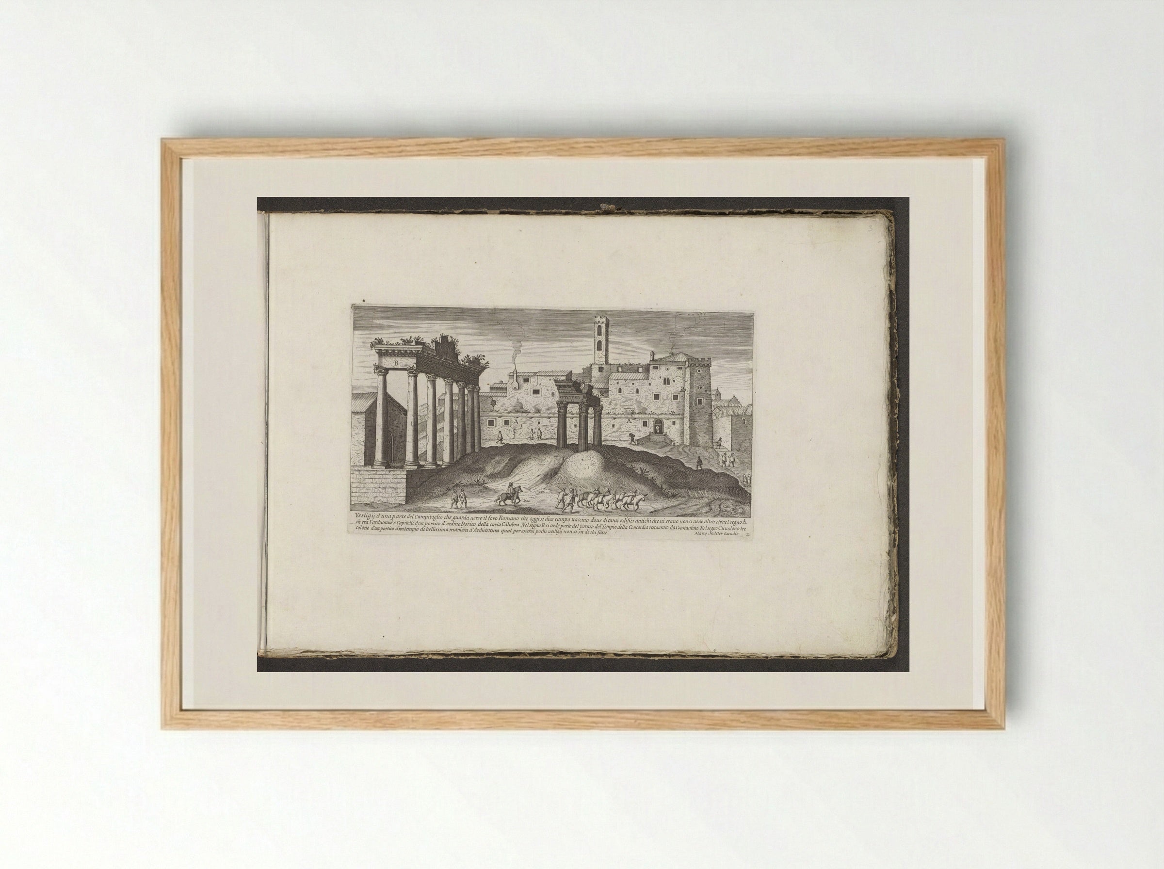 Tempel van Saturnus en de Tempel van Vespasianus - Giovanni Giacomo de' Rossi - Framed Print Wood