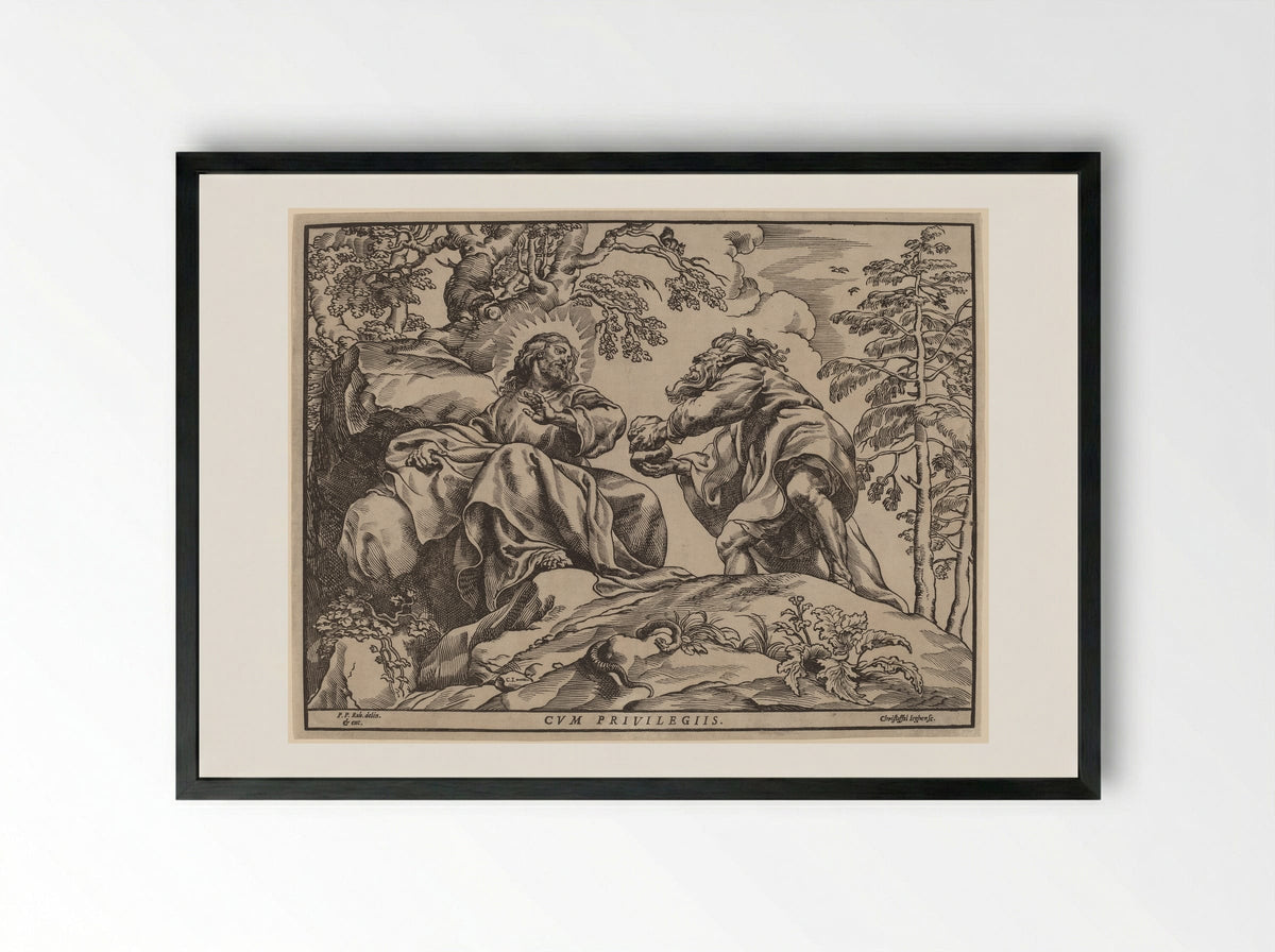 Temptation of Christ - Christoffel Jegher - Framed Print Black
