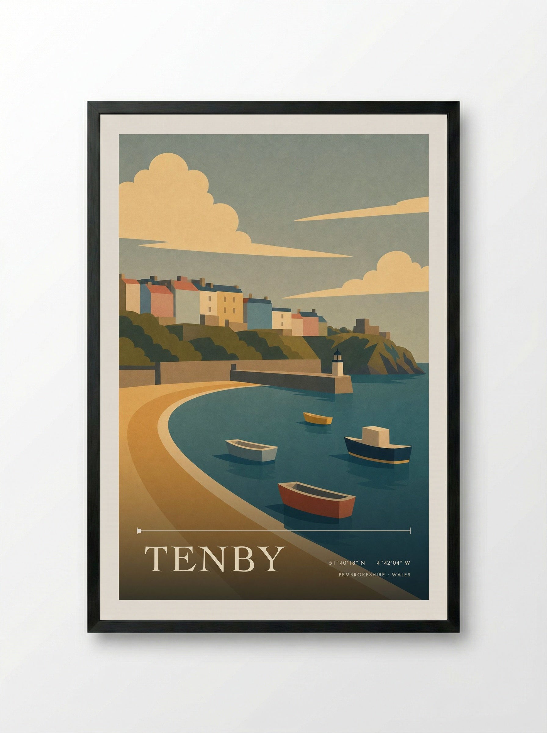 Tenby Pembrokeshire Travel Poster - Framed Print Black
