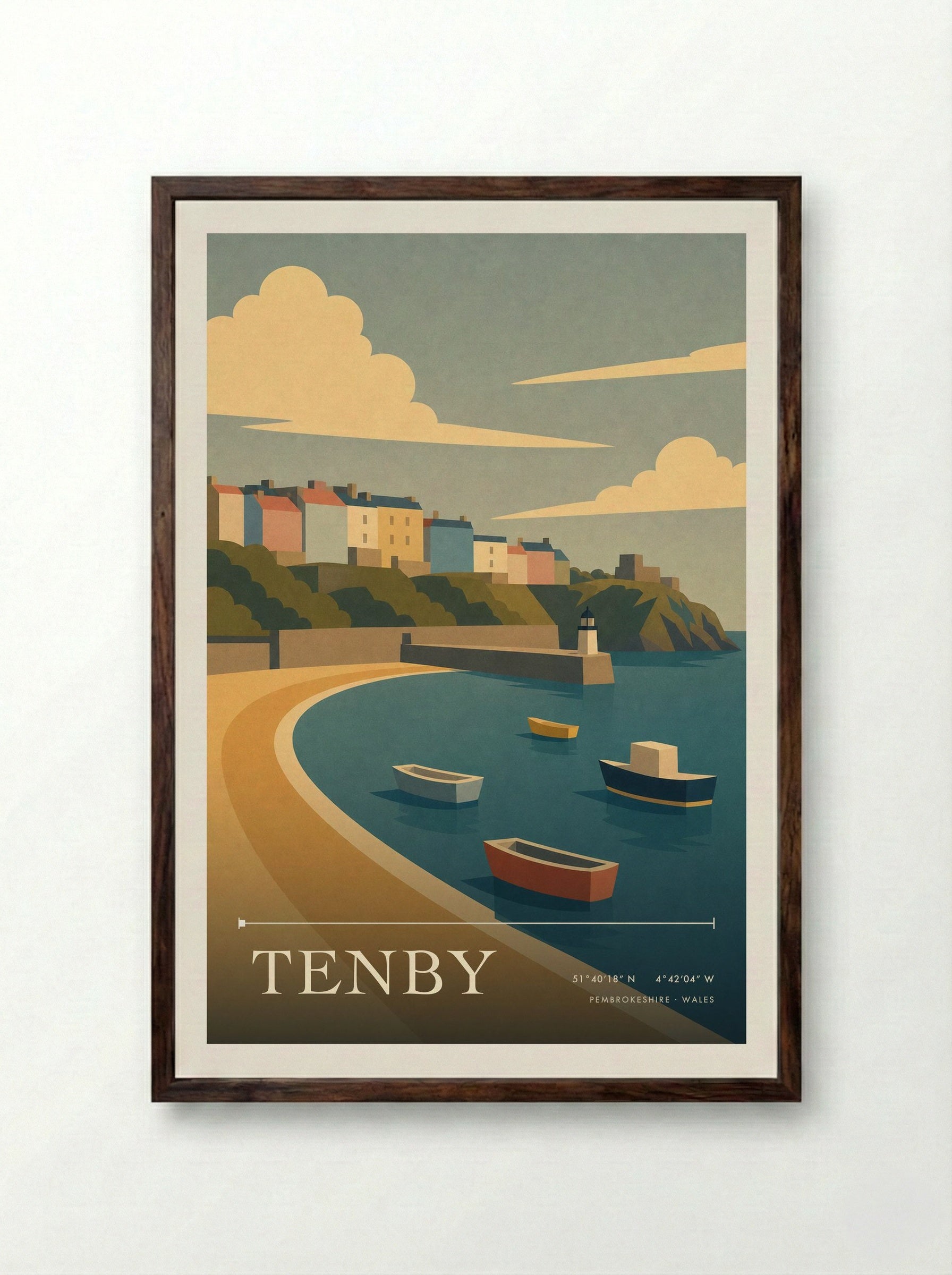 Tenby Pembrokeshire Travel Poster - Framed Print Dark Wood