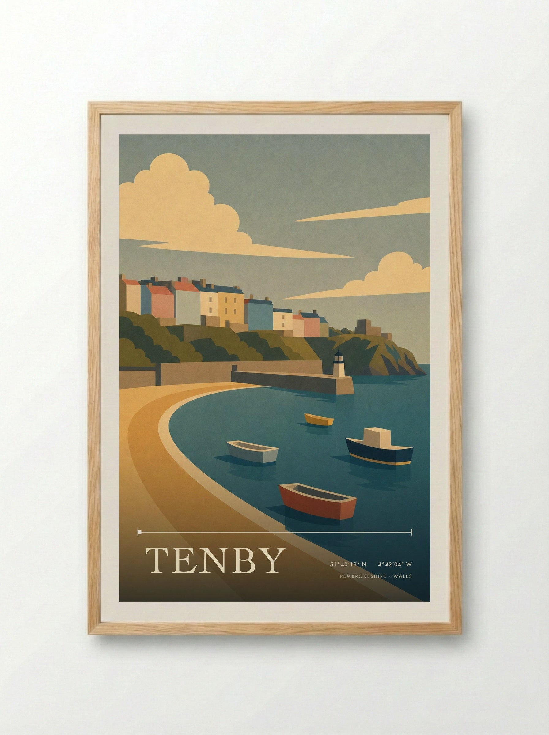 Tenby Pembrokeshire Travel Poster - Framed Print Wood