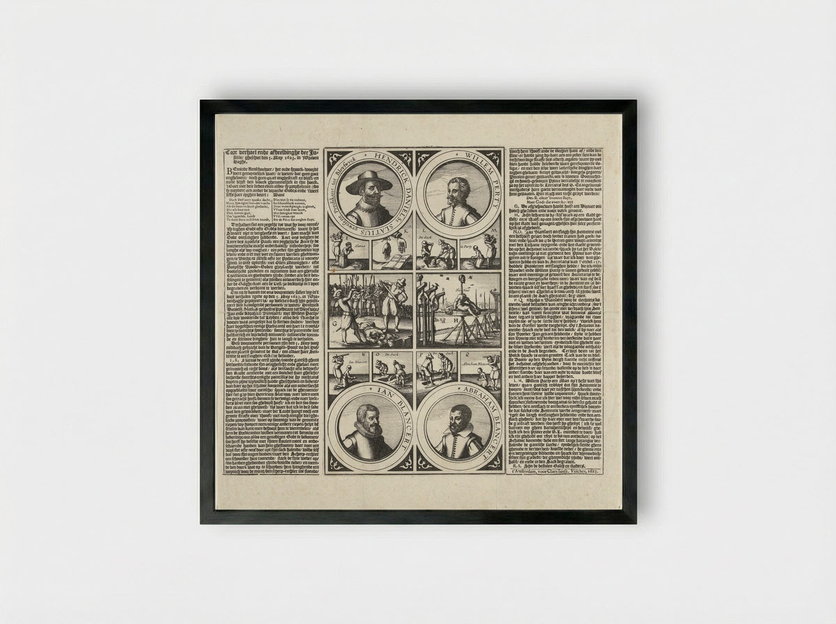 Terechtstelling van Henricus Slatius, Willem Perty en Jan en Abraham Blansaert - Claes Jansz. Visscher (II) - Framed Print Black