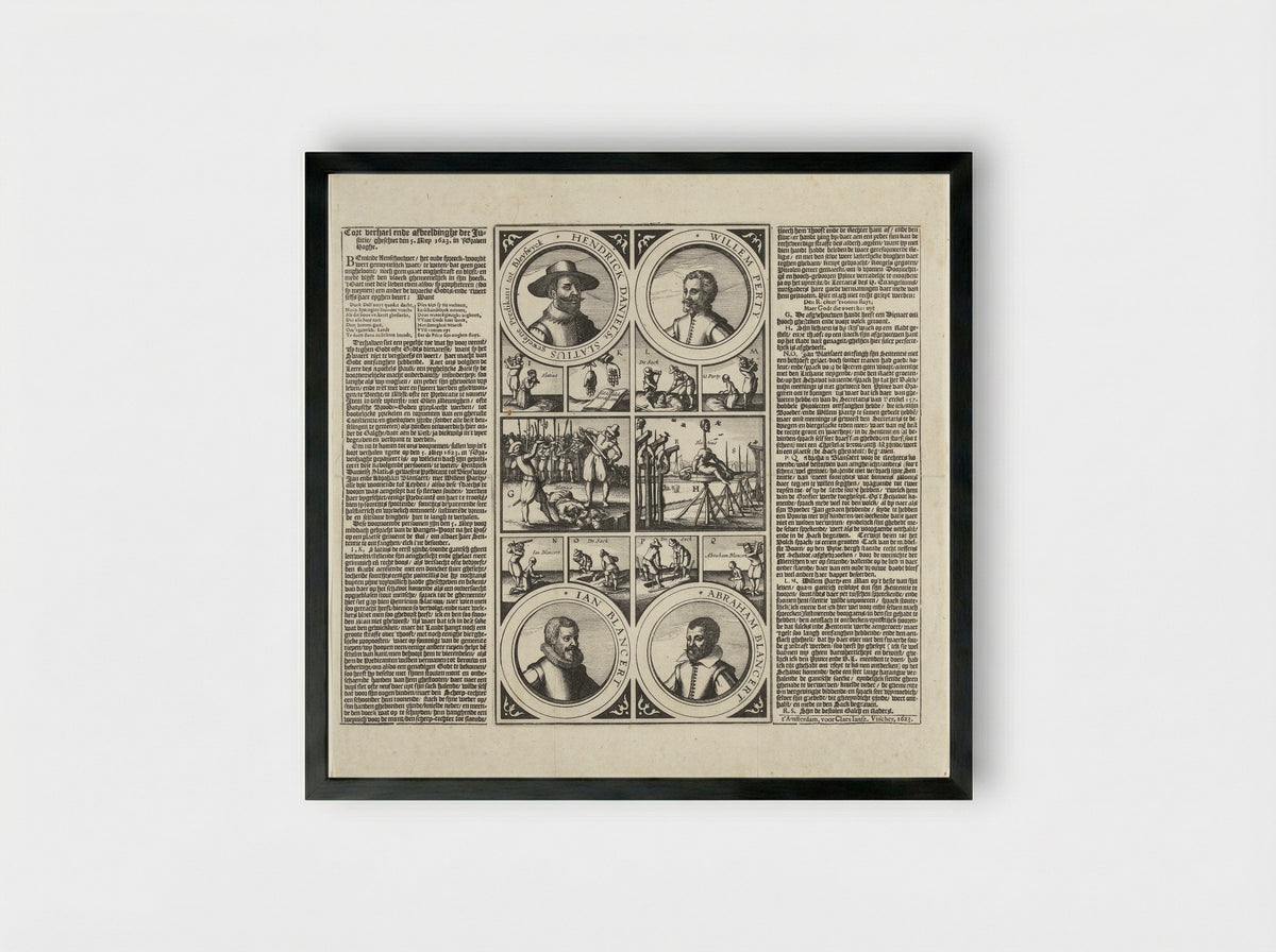 Terechtstelling van Henricus Slatius, Willem Perty en Jan en Abraham Blansaert - Claes Jansz. Visscher (II) - Framed Print Black