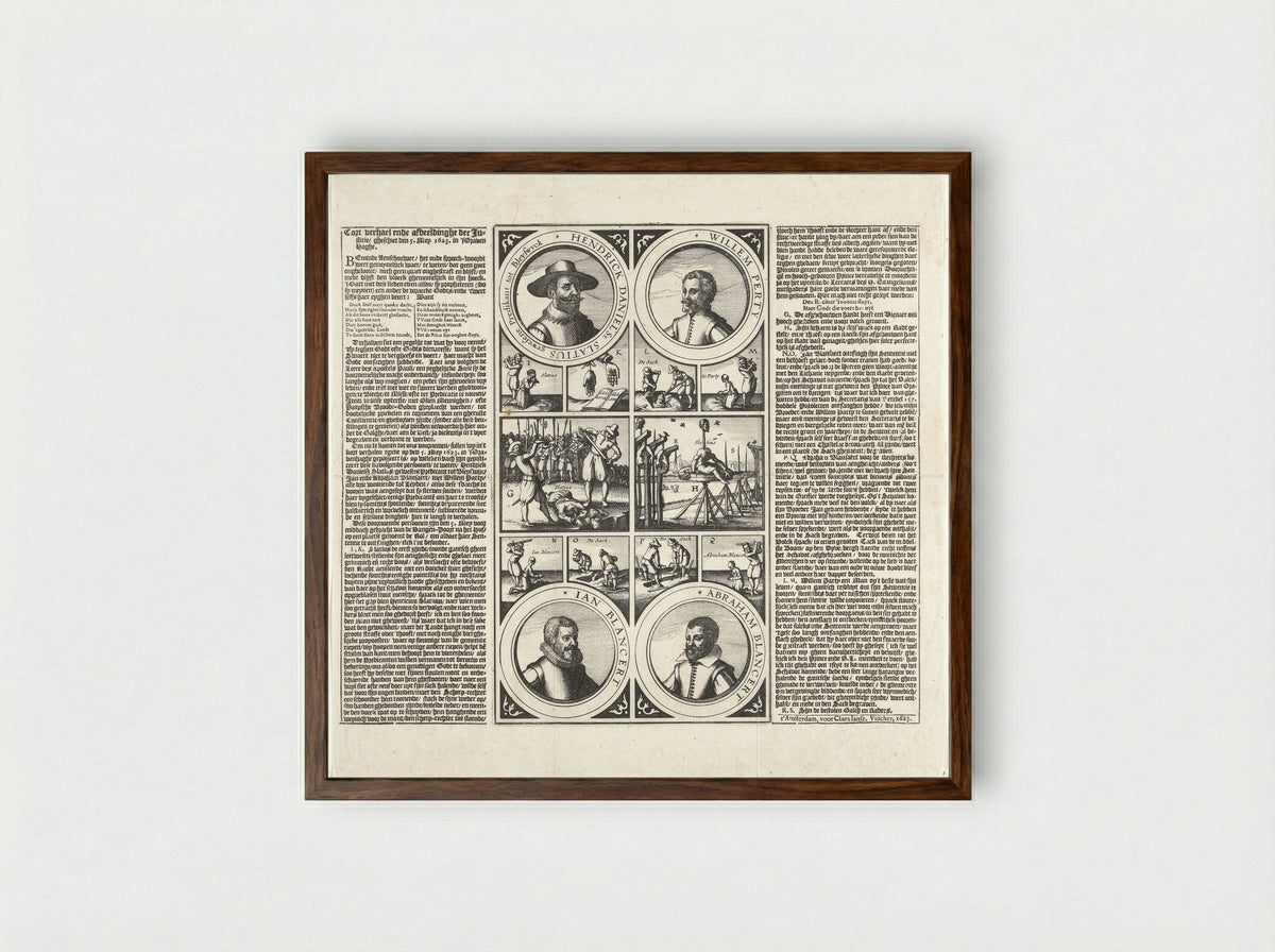 Terechtstelling van Henricus Slatius, Willem Perty en Jan en Abraham Blansaert - Claes Jansz. Visscher (II) - Framed Print Dark Wood
