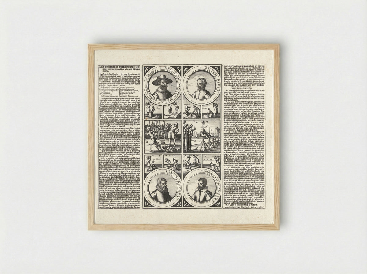 Terechtstelling van Henricus Slatius, Willem Perty en Jan en Abraham Blansaert - Claes Jansz. Visscher (II) - Framed Print Wood