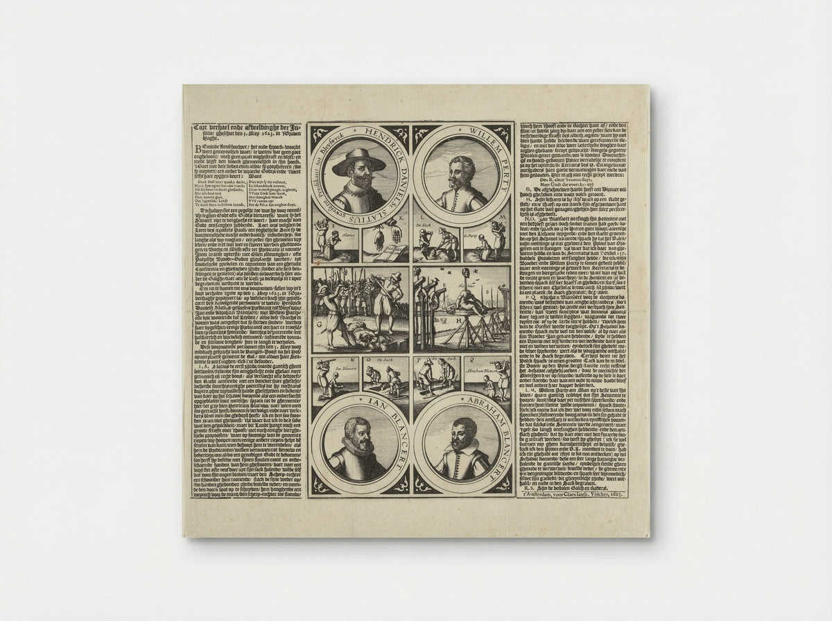 Terechtstelling van Henricus Slatius, Willem Perty en Jan en Abraham Blansaert - Claes Jansz. Visscher (II) - Poster