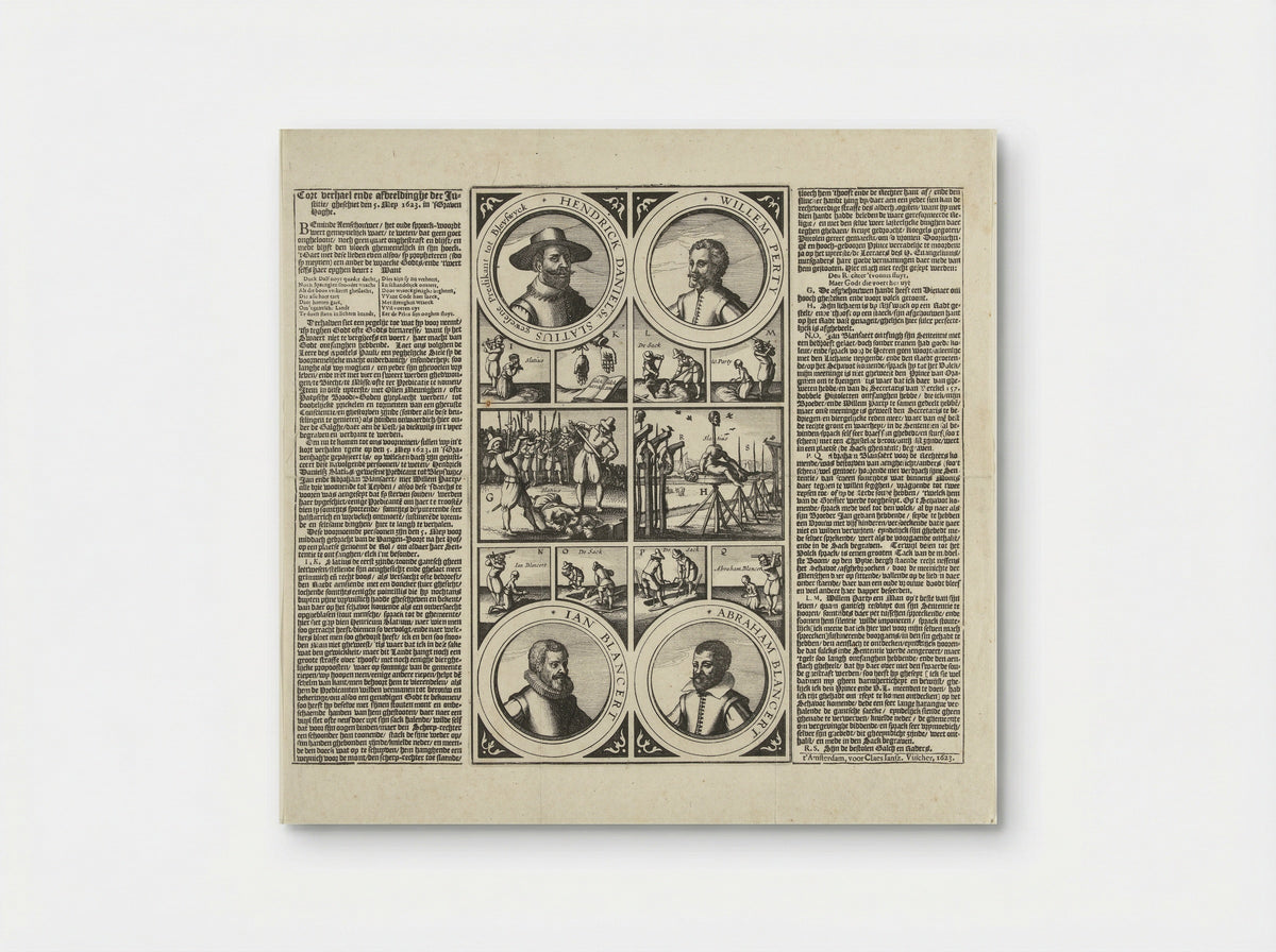 Terechtstelling van Henricus Slatius, Willem Perty en Jan en Abraham Blansaert - Claes Jansz. Visscher (II) - Poster