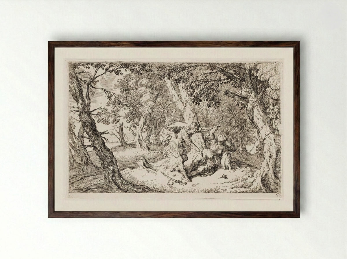 Tereus Abducts Philomela - Johann Wilhelm Baur - Framed Print Dark Wood