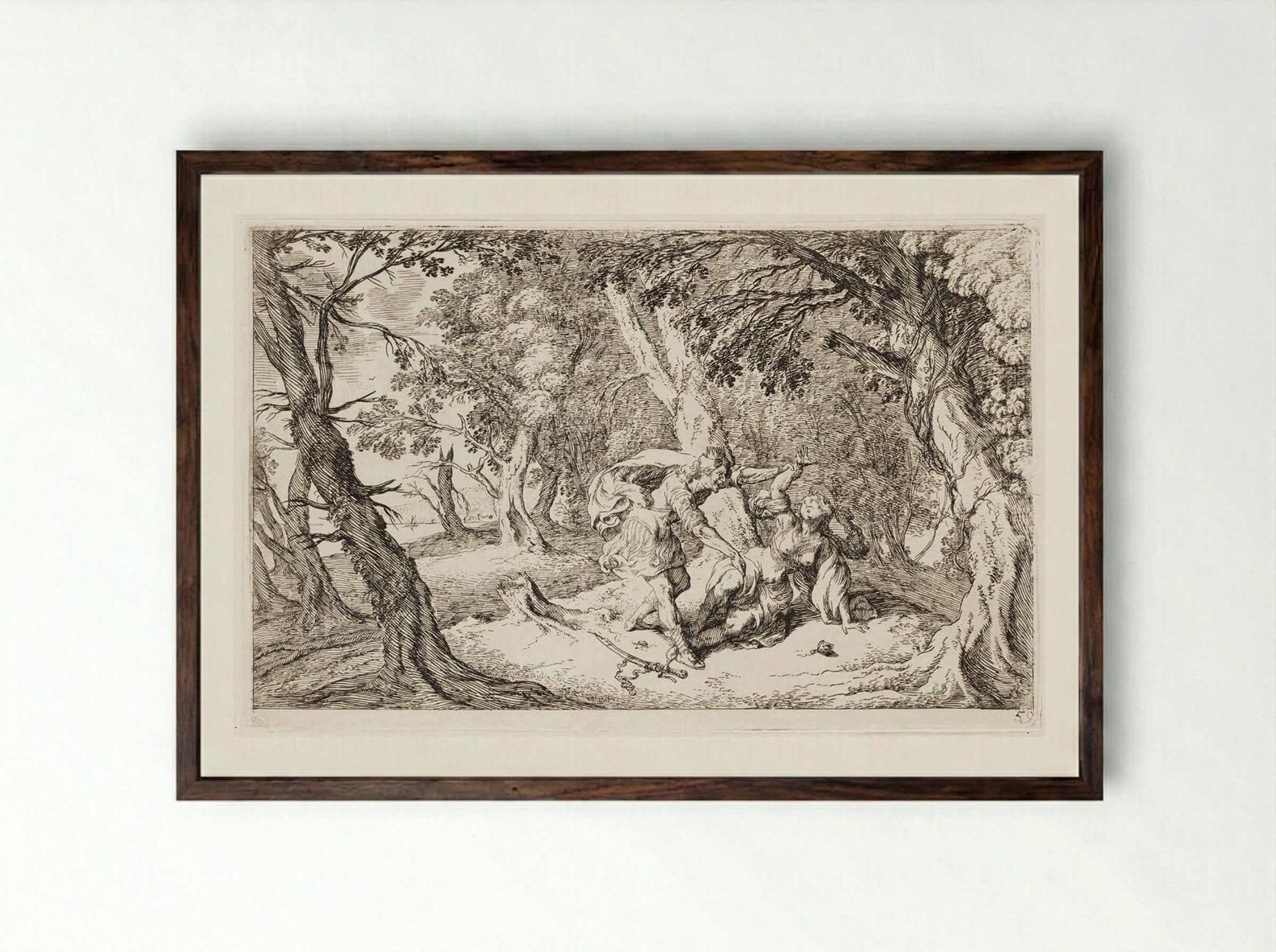 Tereus Abducts Philomela - Johann Wilhelm Baur - Framed Print Dark Wood