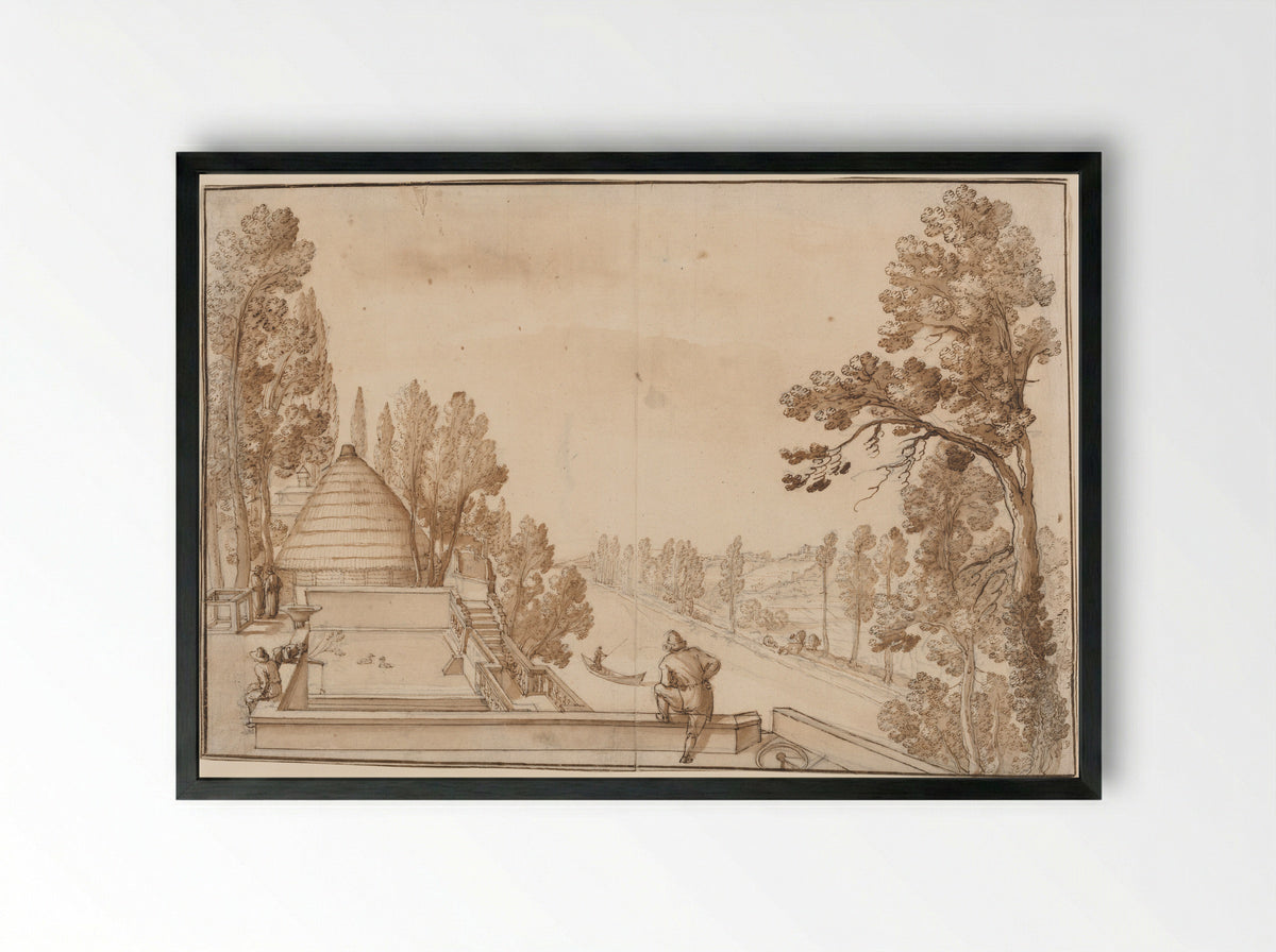 Terrace Overlooking a Canal - Remigio Cantagallina - Framed Print Black