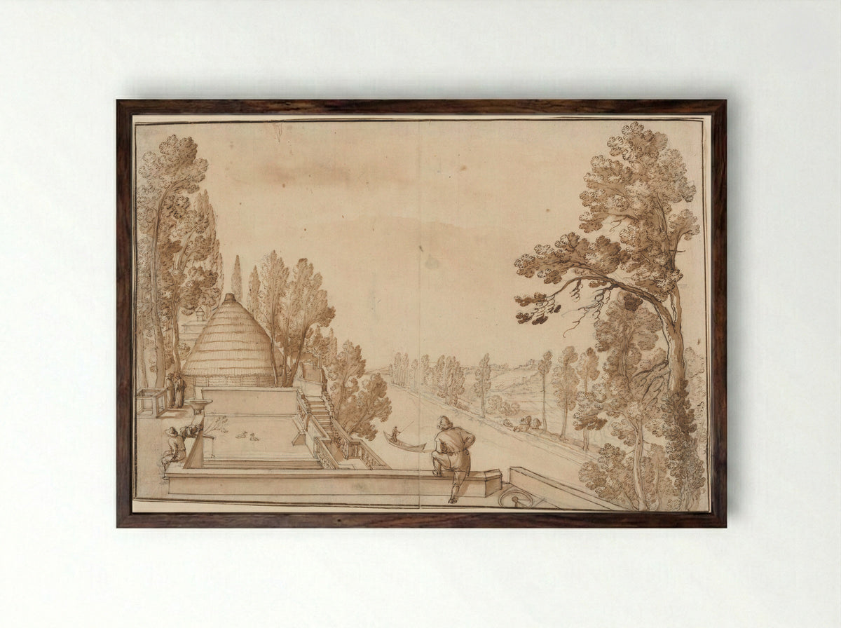 Terrace Overlooking a Canal - Remigio Cantagallina - Framed Print Dark Wood