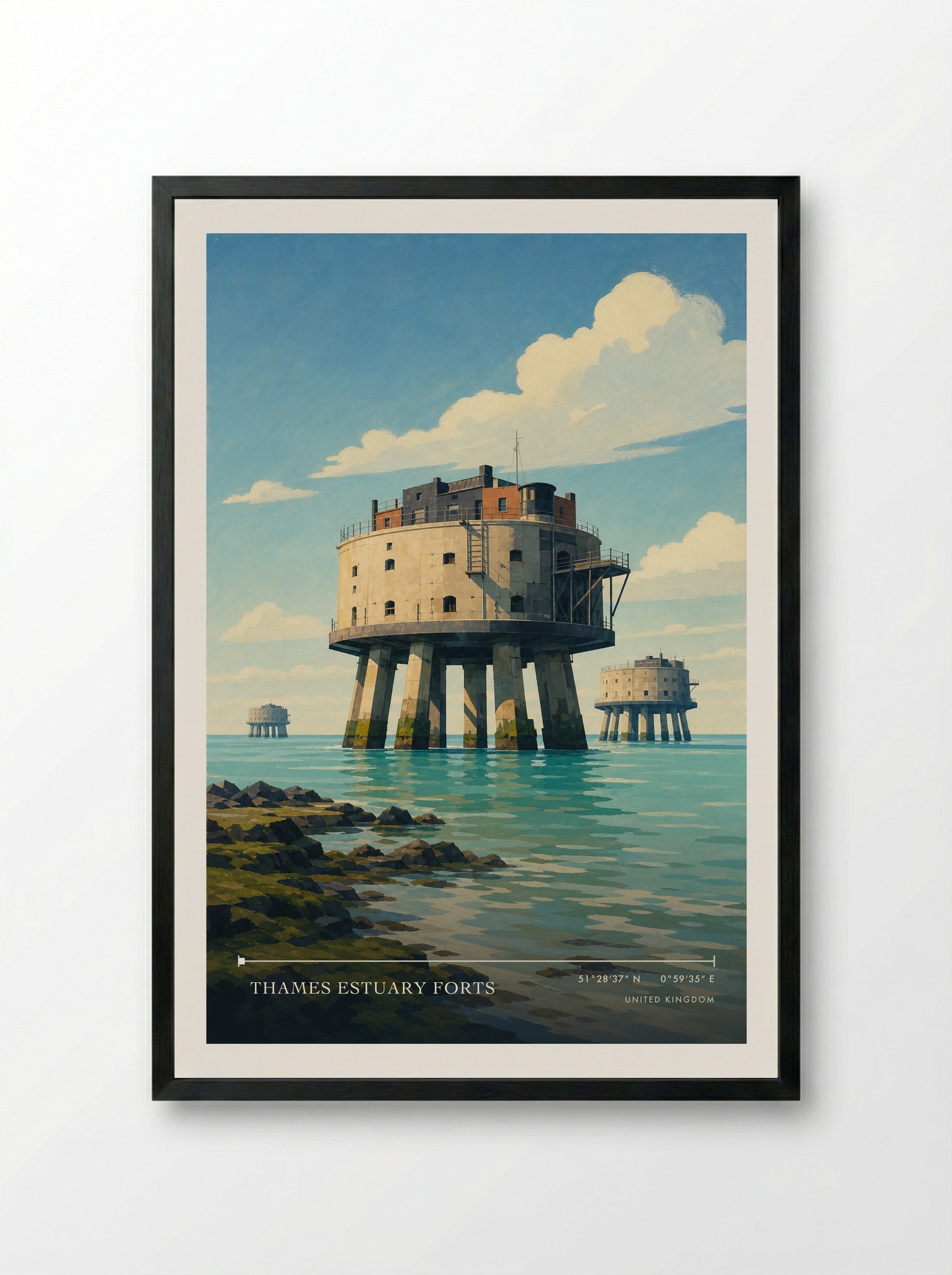 Thames Estuary Forts United Kingdom Travel Poster - Framed Print Black