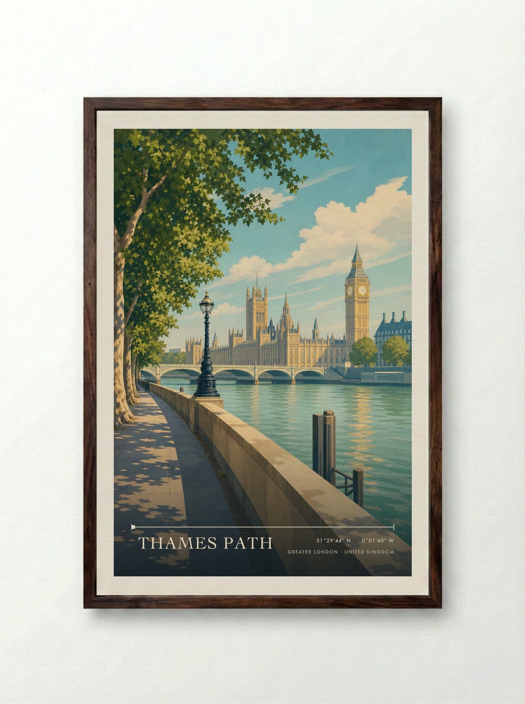 Thames Path Greater London United Kingdom Travel Poster - Framed Print Dark Wood