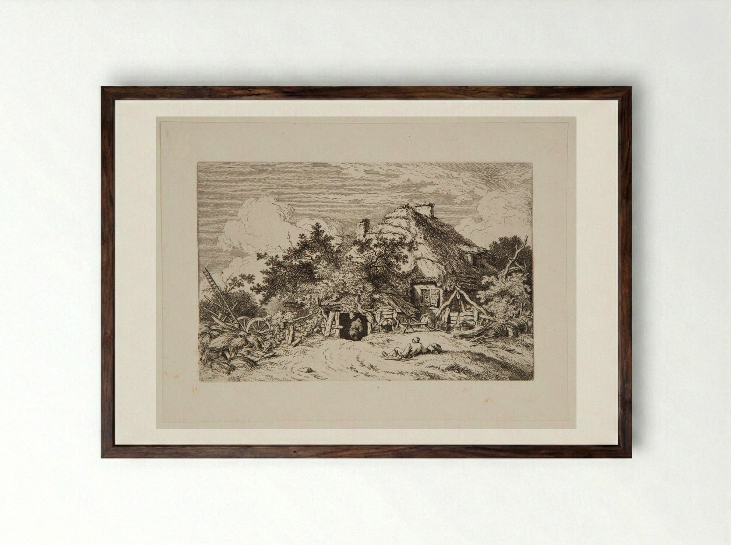 Thatched Cottage - Ferdinand Kobell - Framed Print Dark Wood