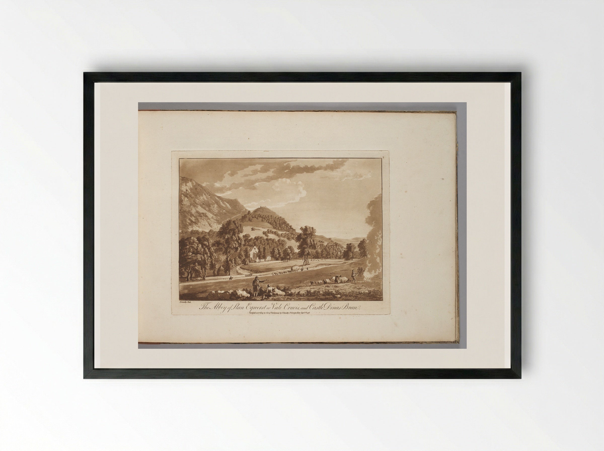 The Abbey of Llan Egwerst of Vale Crucis, and Castle Dinas Bran - Paul Sandby - Framed Print Black