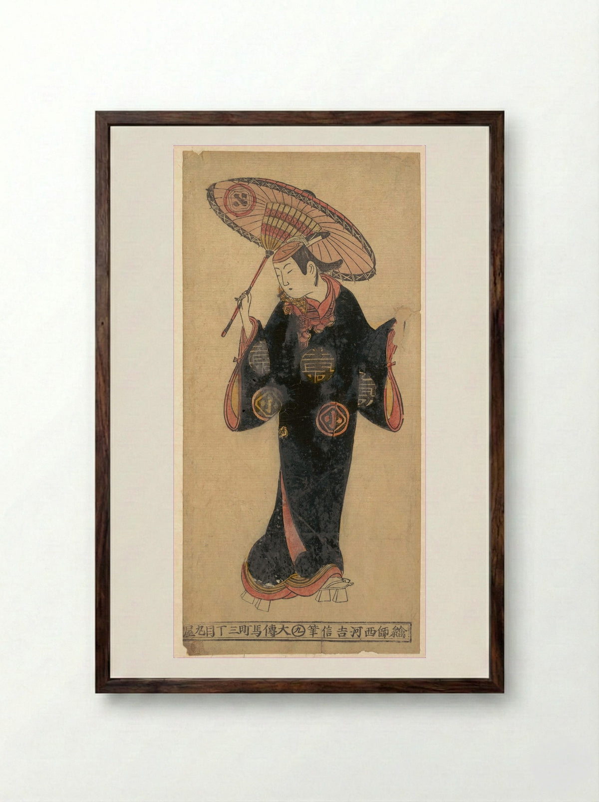The Actor Arashi Wakano as a wakashu (youth) in a kappa (raincoat) - Nishikawa Yoshinobu - Framed Print Dark Wood