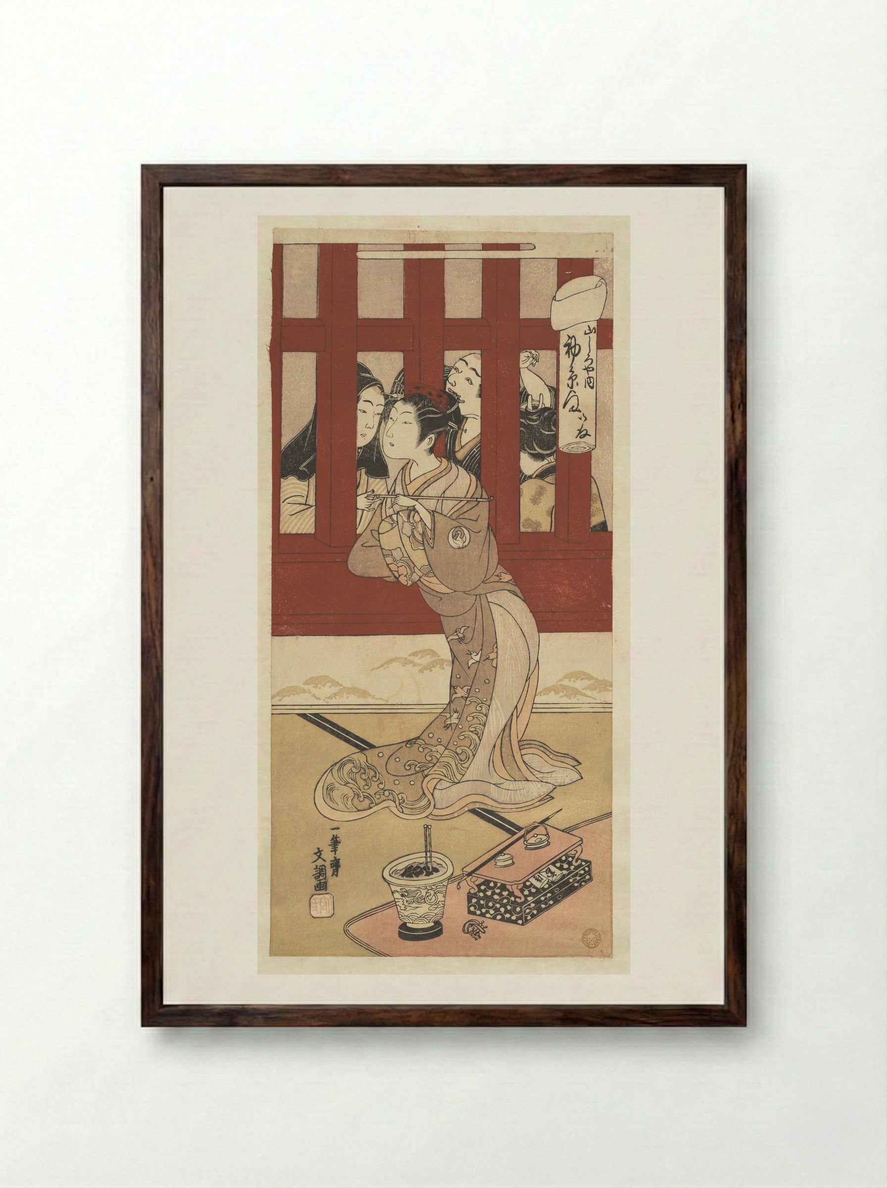The Actor Bando Hikosaburo II in the Role of the Oiran Hatsuito of Yamashiro-ya - Ippitsusai Bunchō - Framed Print Dark Wood