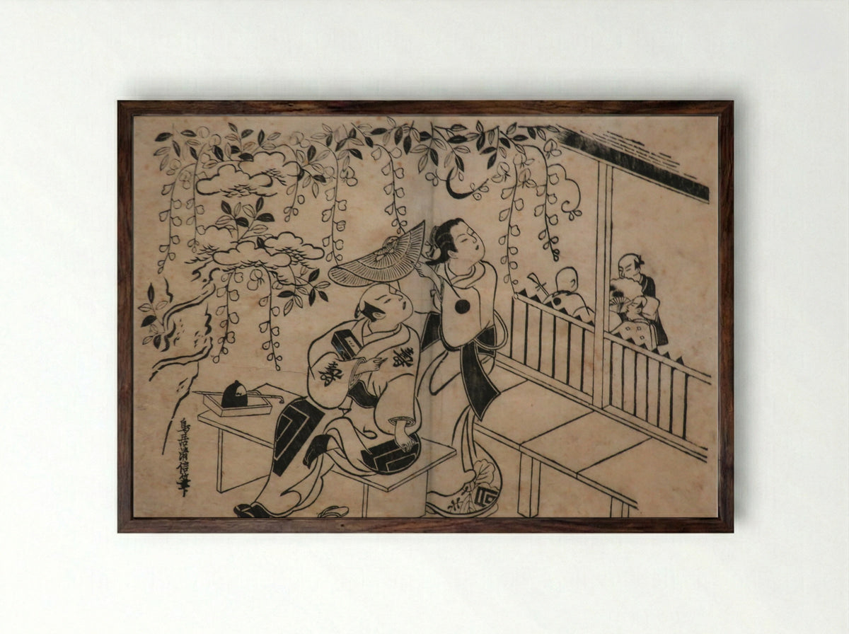 The Actor Ichikawa Danjuro II as Soga no Goro and Nakamura Takesaburo I as Kewaizaka no Shosho in the play Bando Ichi Kotobuki Soga - Torii Kiyonobu I - Framed Print Dark Wood